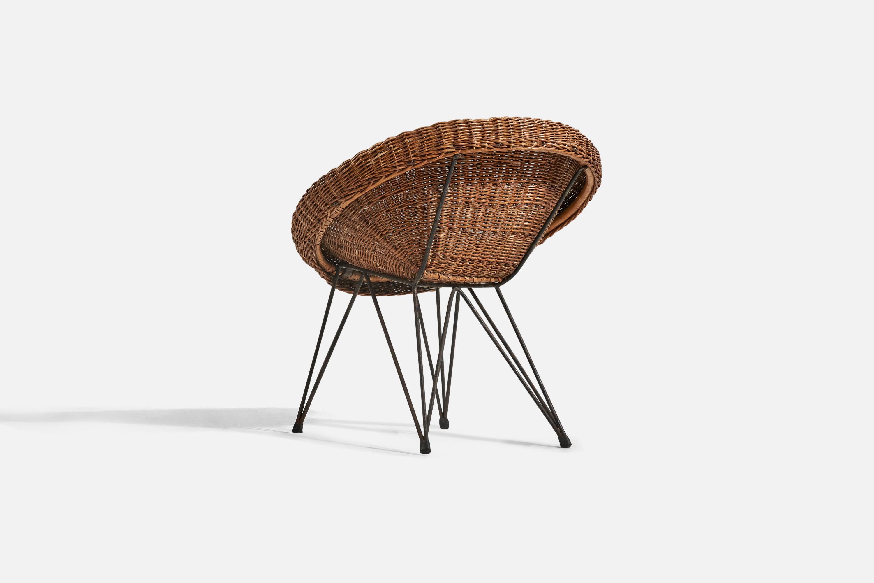Mid-20th Century Italian Designer, Small Chair, Wicker, Metal, Italy, 1950s For Sale