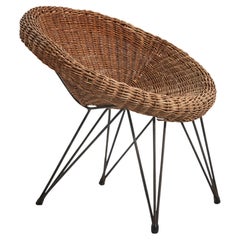 Used Italian Designer, Small Chair, Wicker, Metal, Italy, 1950s