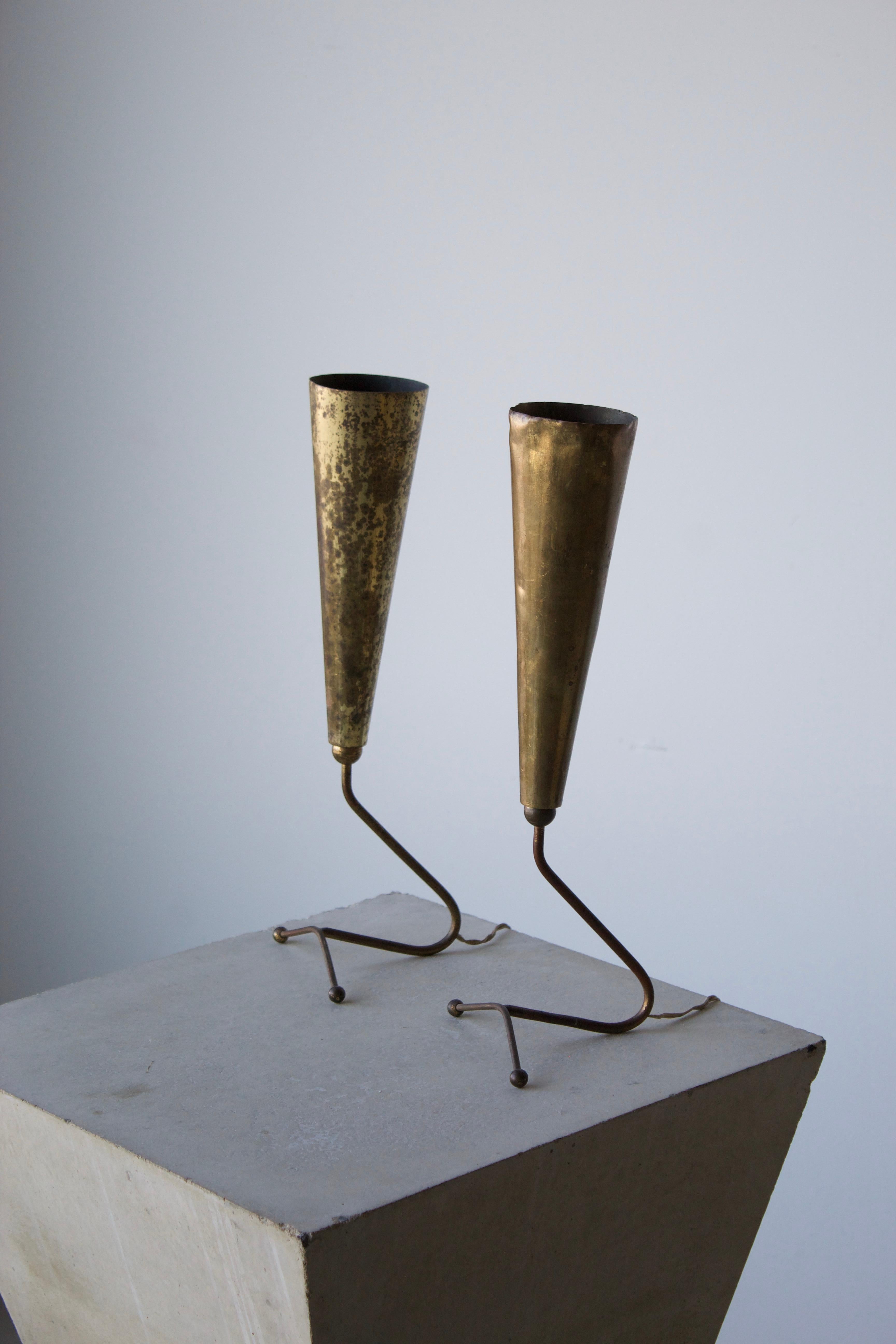 Mid-Century Modern Italian Designer, Small Modernist Table Lamps, Brass, Italy, 1940s
