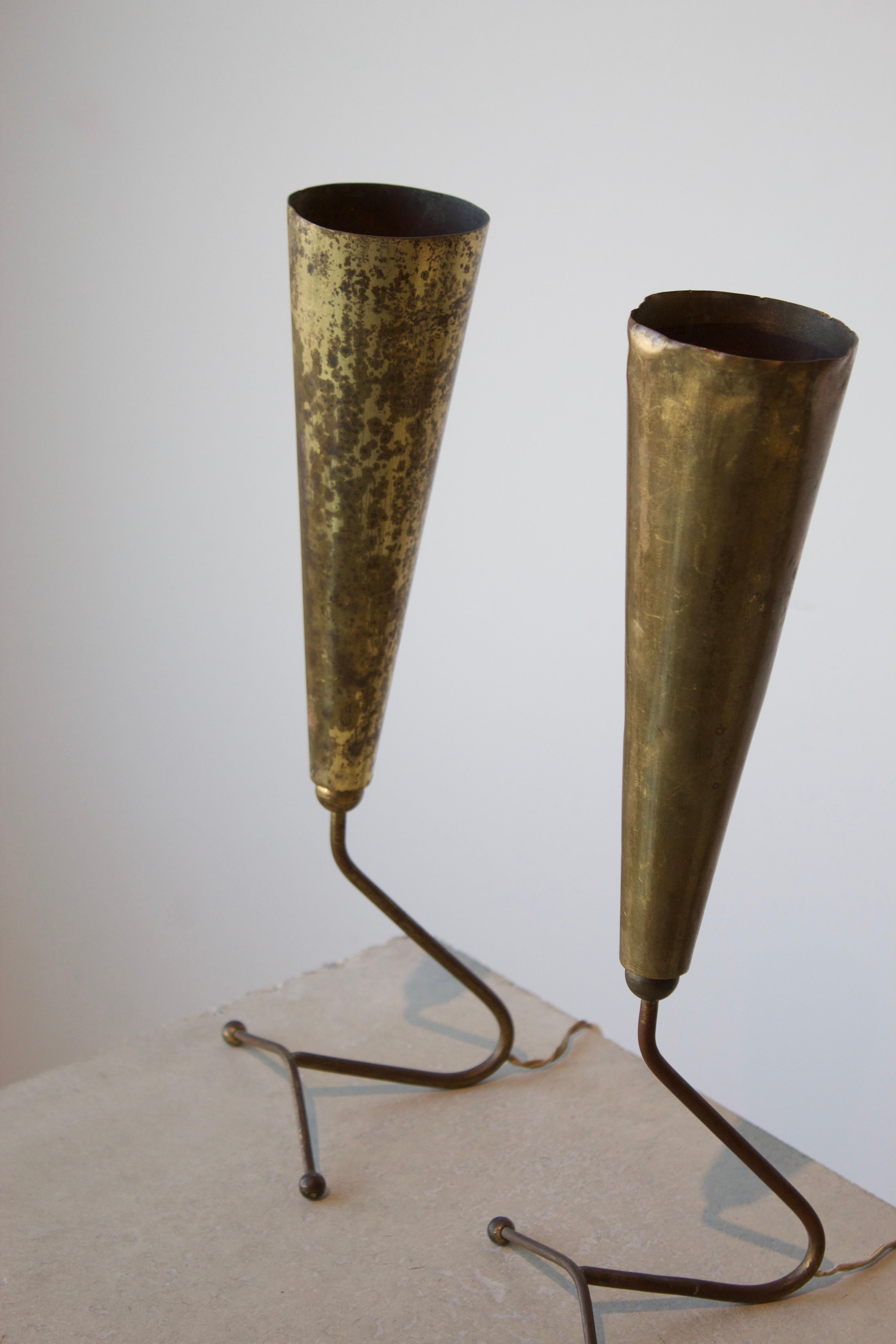 Italian Designer, Small Modernist Table Lamps, Brass, Italy, 1940s In Fair Condition In High Point, NC