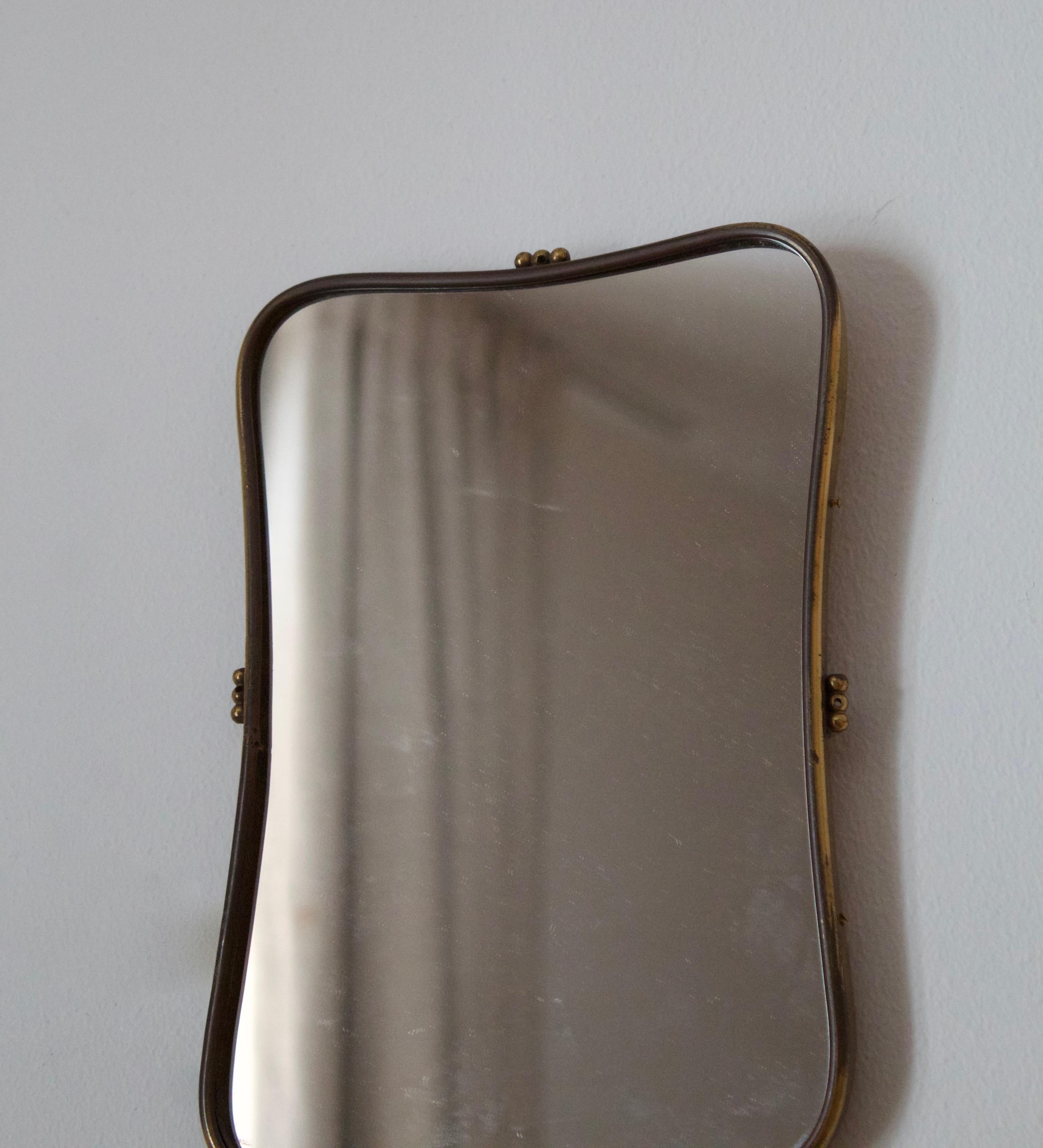 Mid-Century Modern Italian Designer, Small Organic Mirror, Brass, Mirror Glass, Italy, 1950s