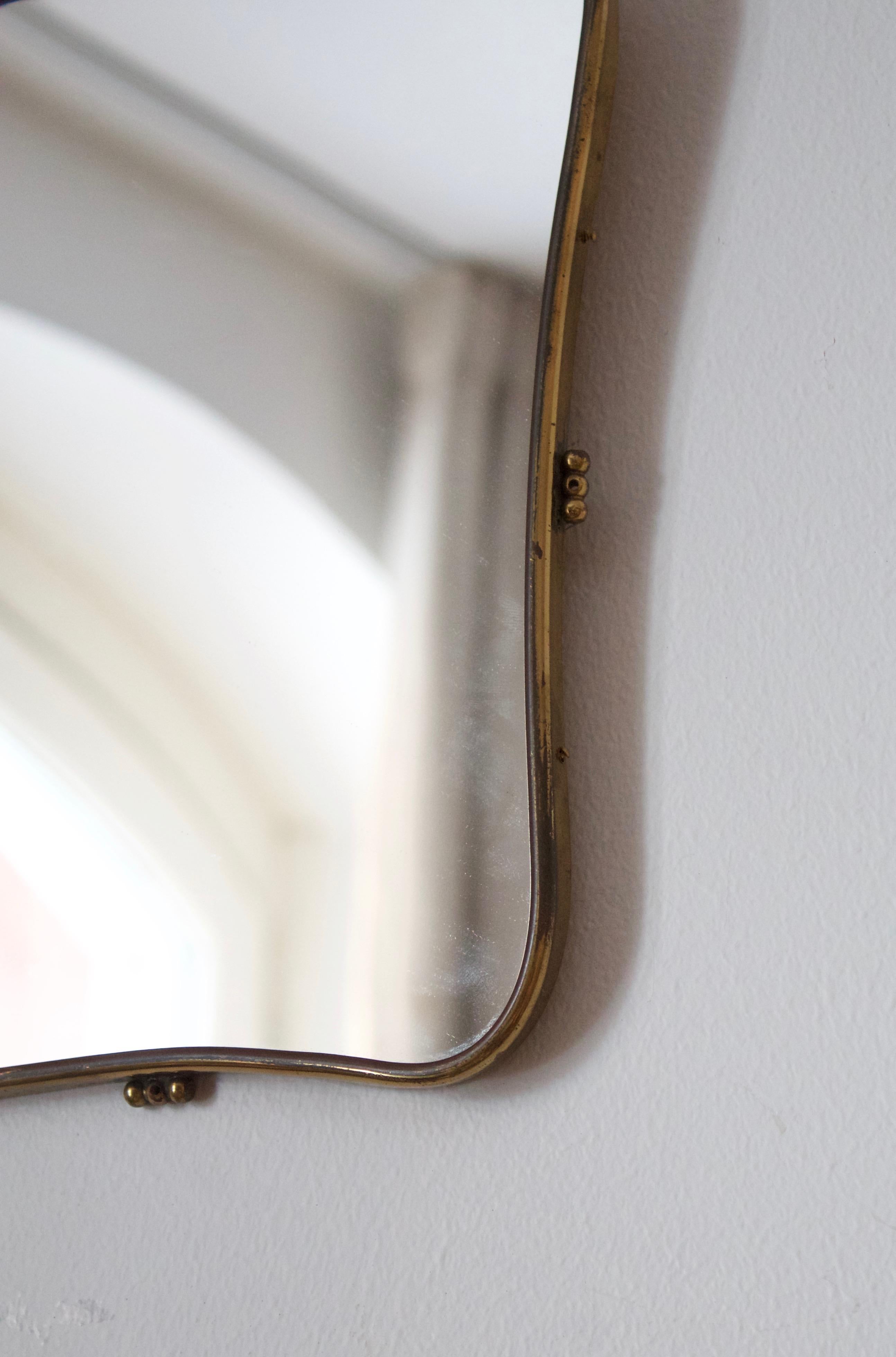 Mid-20th Century Italian Designer, Small Organic Mirror, Brass, Mirror Glass, Italy, 1950s