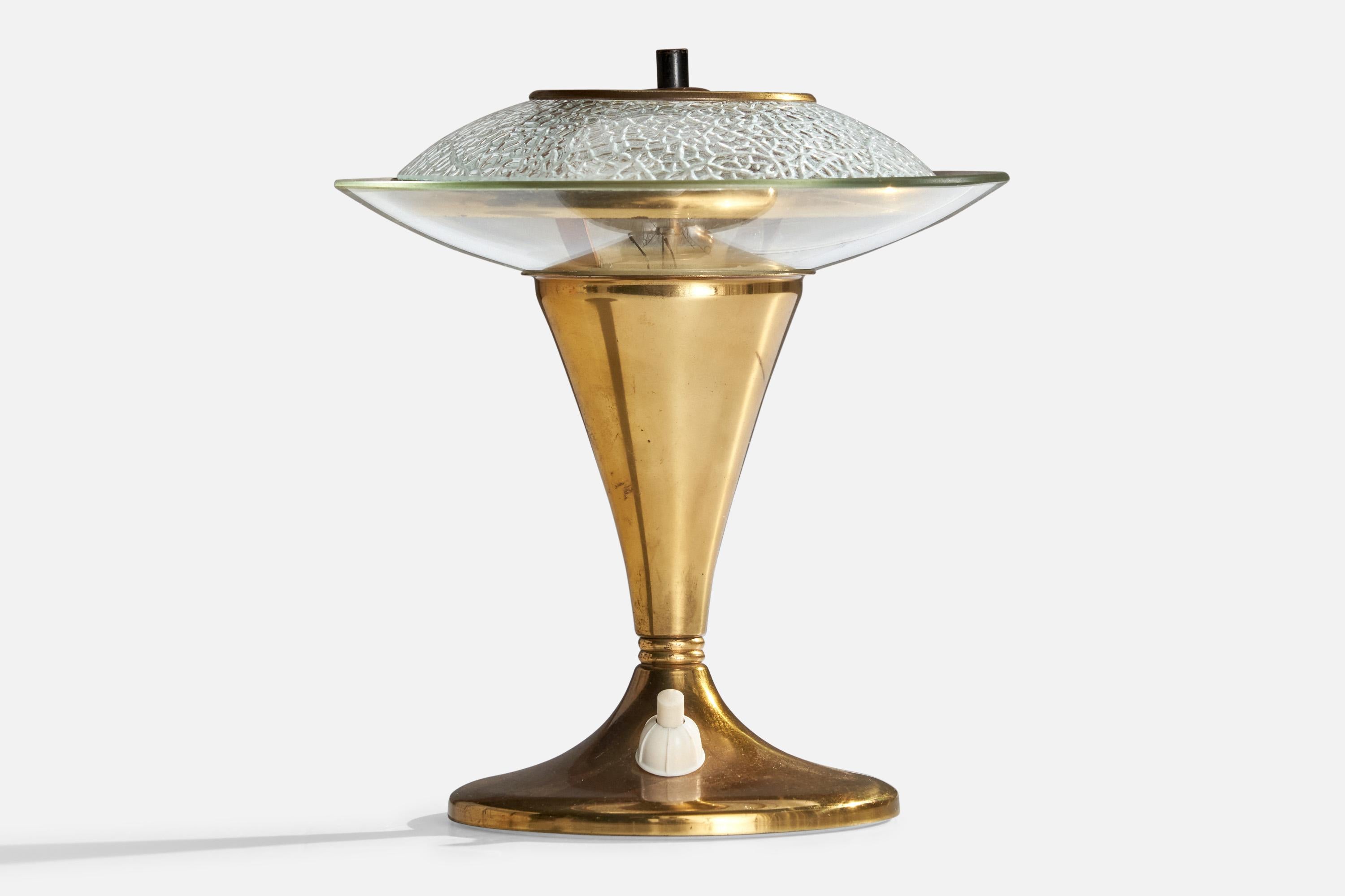 A small brass and glass table lamp designed and produced in Italy, c. 1950s.

Dimensions of Lamp with Shade (inches): 6.75” H x 5.75” Diameter

Bulb Specifications:  E-14 Bulbs

Number of Sockets (per fixture): 1

Sold with lampshade.

All lighting