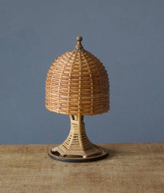 Italian Designer, Small Table Lamp, Rattan, Brass, Italy, 1970s