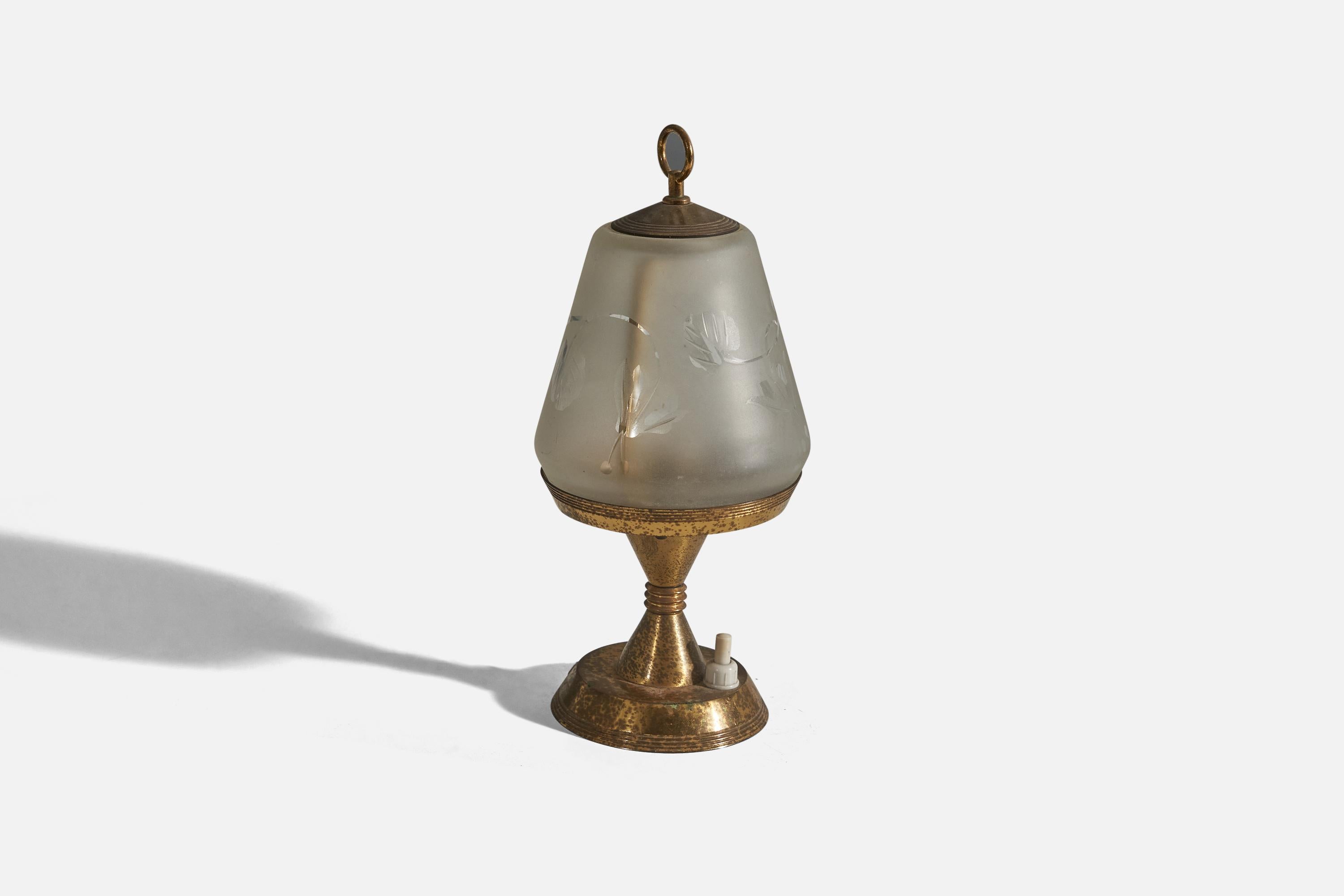Mid-Century Modern Italian Designer, Small Table Lamps, Brass, Glass, Italy, 1940s For Sale