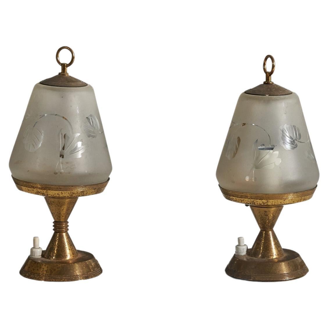 Italian Designer, Small Table Lamps, Brass, Glass, Italy, 1940s