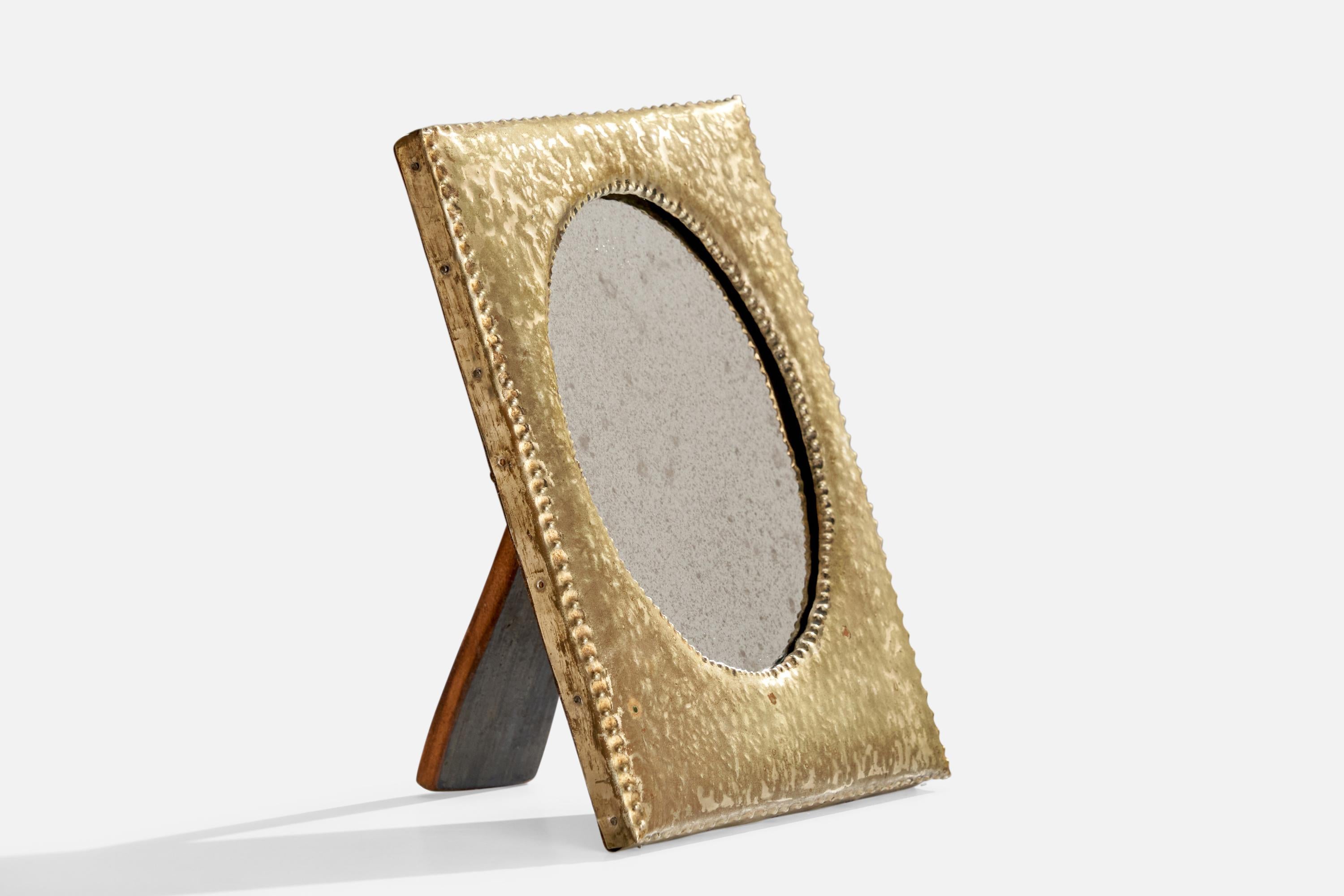Modern Italian Designer, Small Table or Wall Mirror, Hammered Brass, Italy, 1930s For Sale