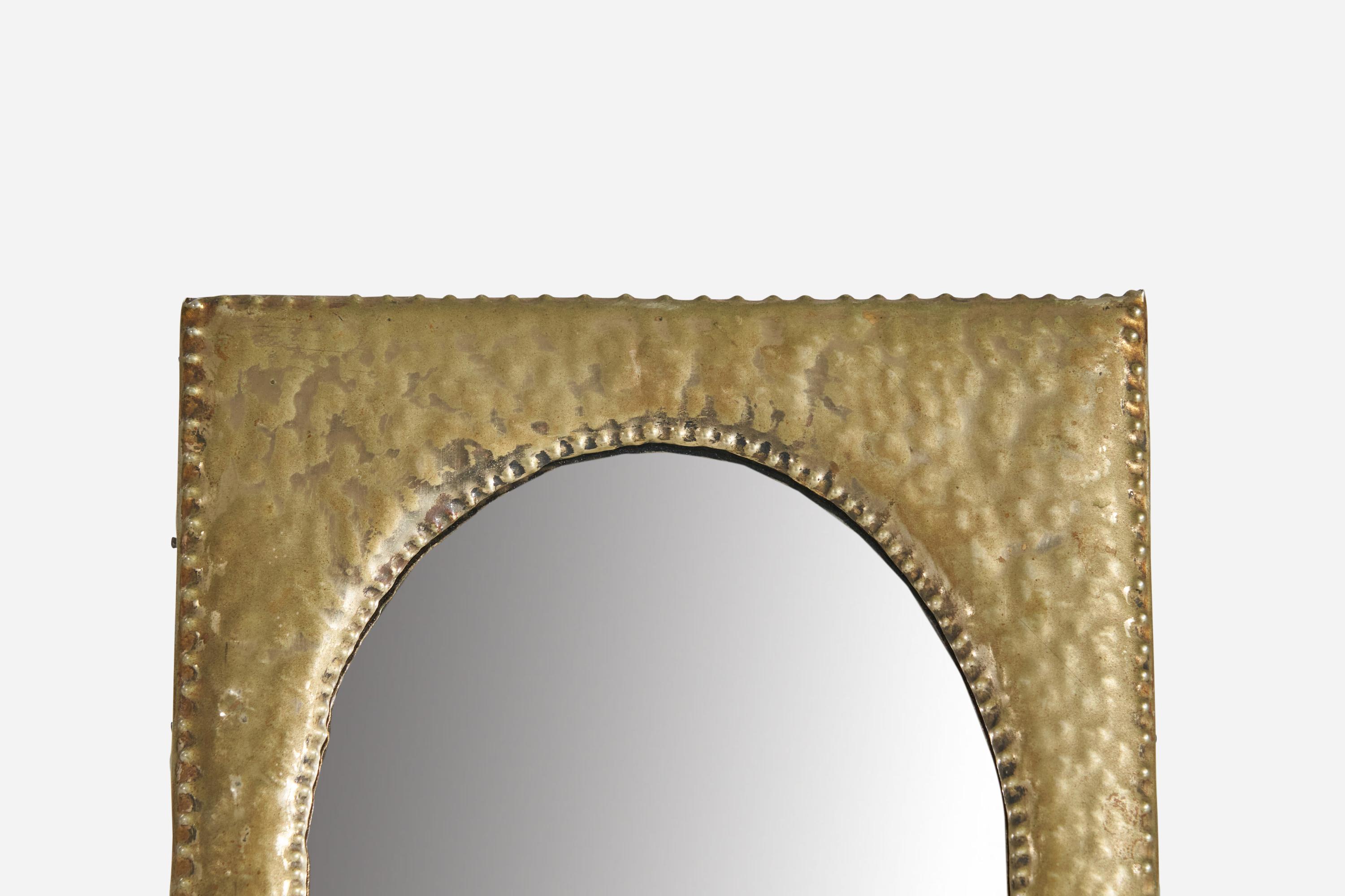 Mid-20th Century Italian Designer, Small Table or Wall Mirror, Hammered Brass, Italy, 1930s For Sale