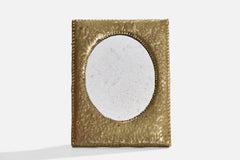 Vintage Italian Designer, Small Table or Wall Mirror, Hammered Brass, Italy, 1930s