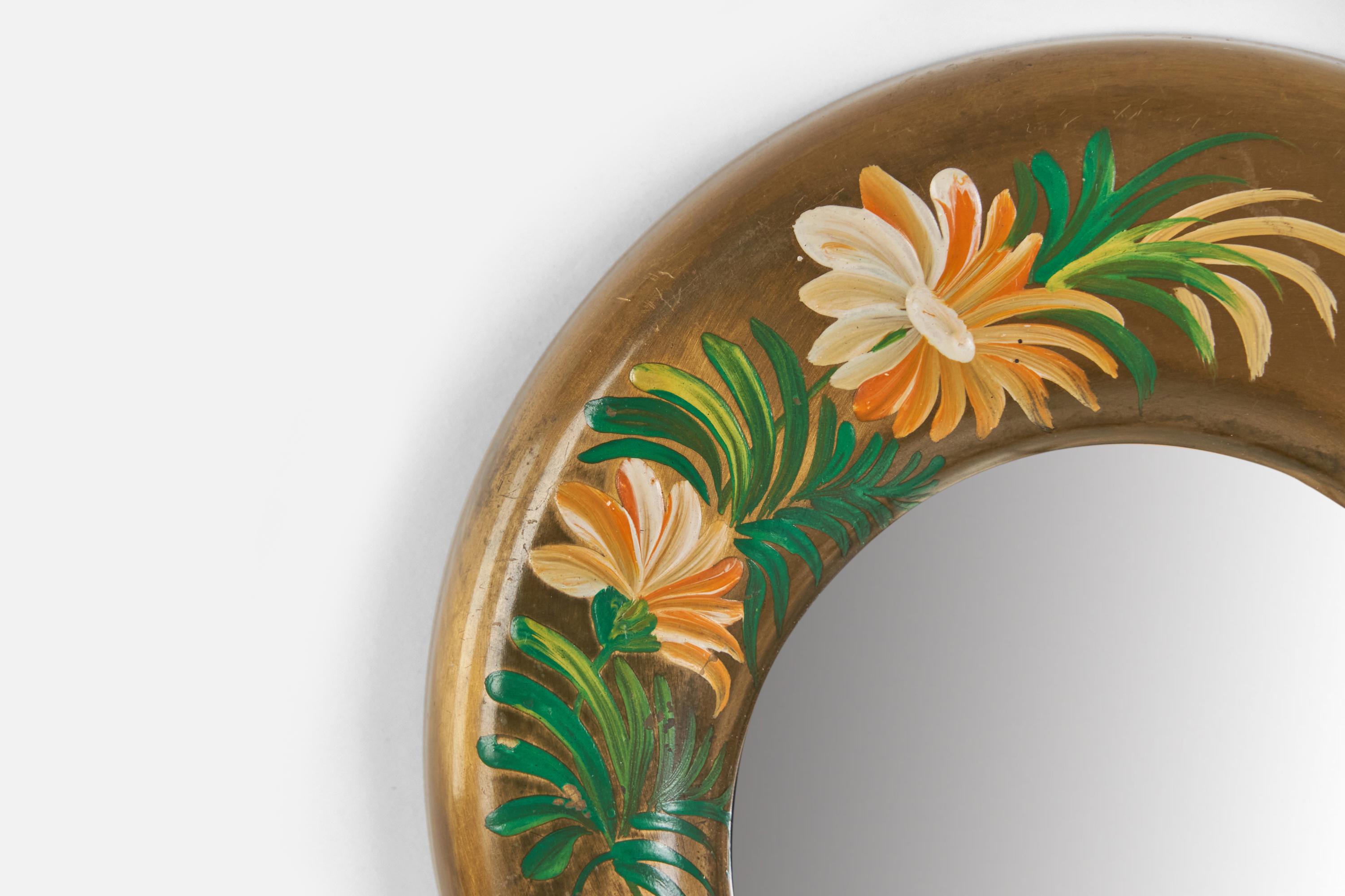 Mid-Century Modern Italian Designer Small Wall Mirror, Hand-Painted Brass, Italy 1940s For Sale