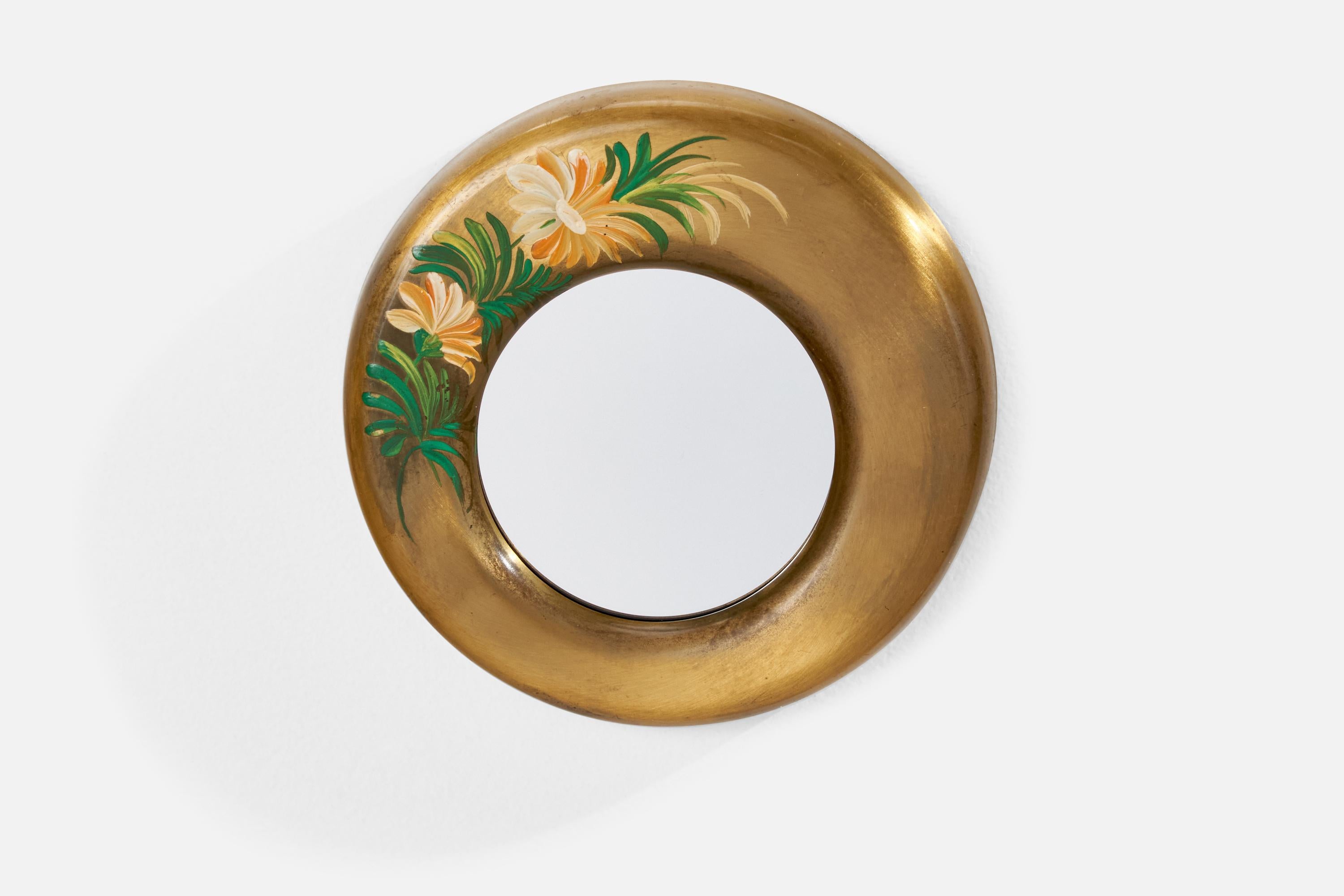 Mid-Century Modern Italian Designer Small Wall Mirror, Hand-Painted Brass, Italy 1940s For Sale