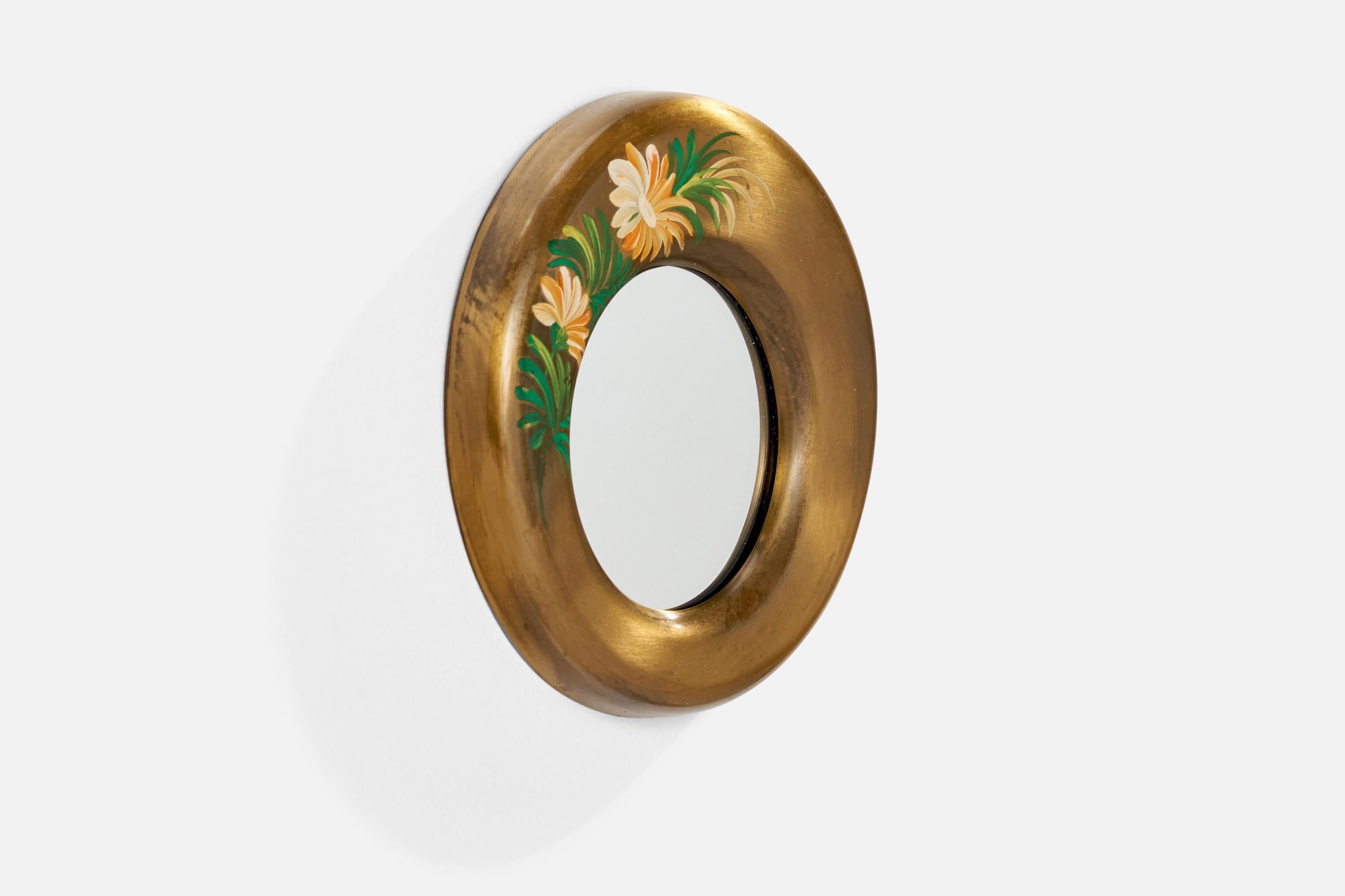 Italian Designer Small Wall Mirror, Hand-Painted Brass, Italy 1940s In Good Condition For Sale In High Point, NC