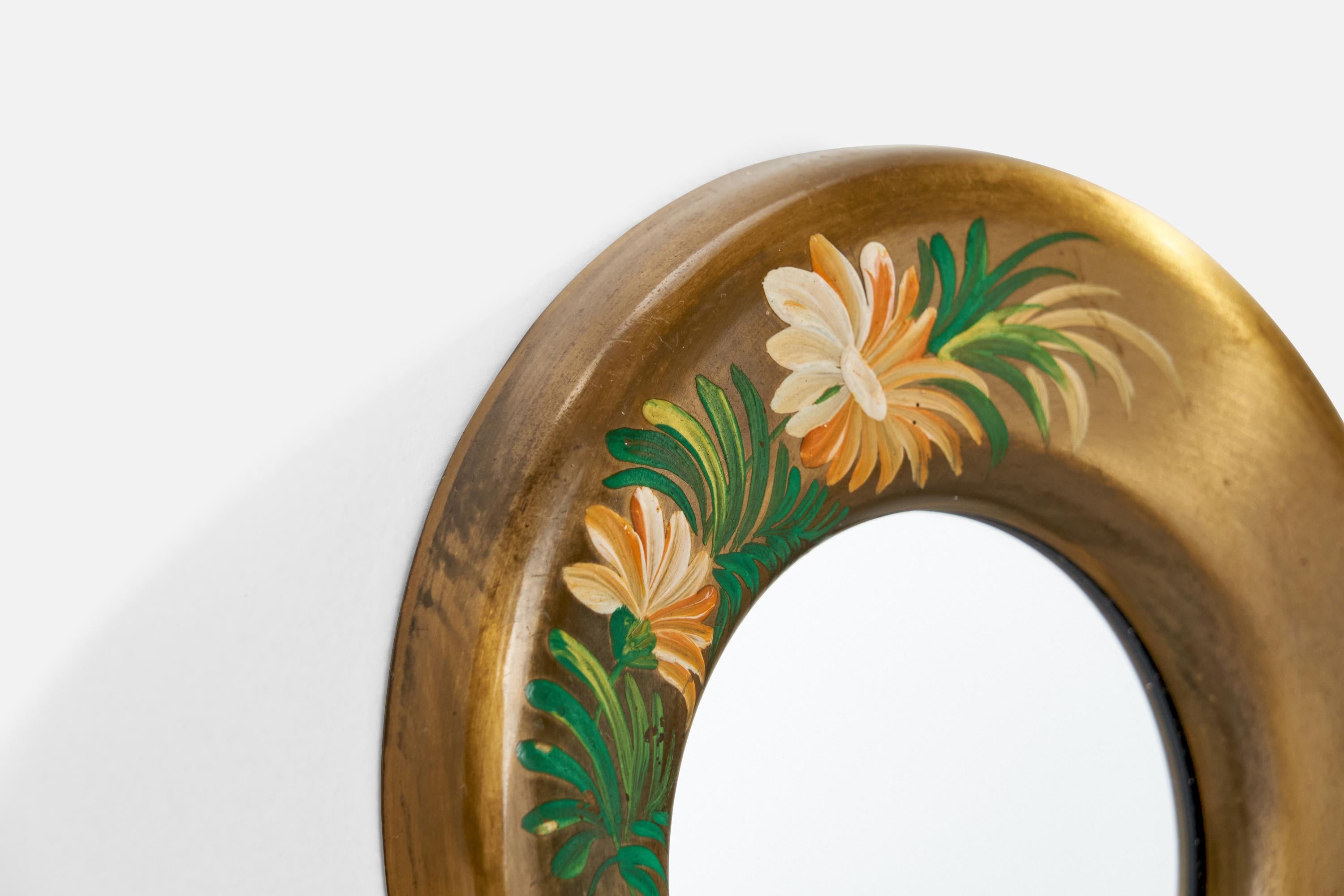 Mid-20th Century Italian Designer Small Wall Mirror, Hand-Painted Brass, Italy 1940s For Sale