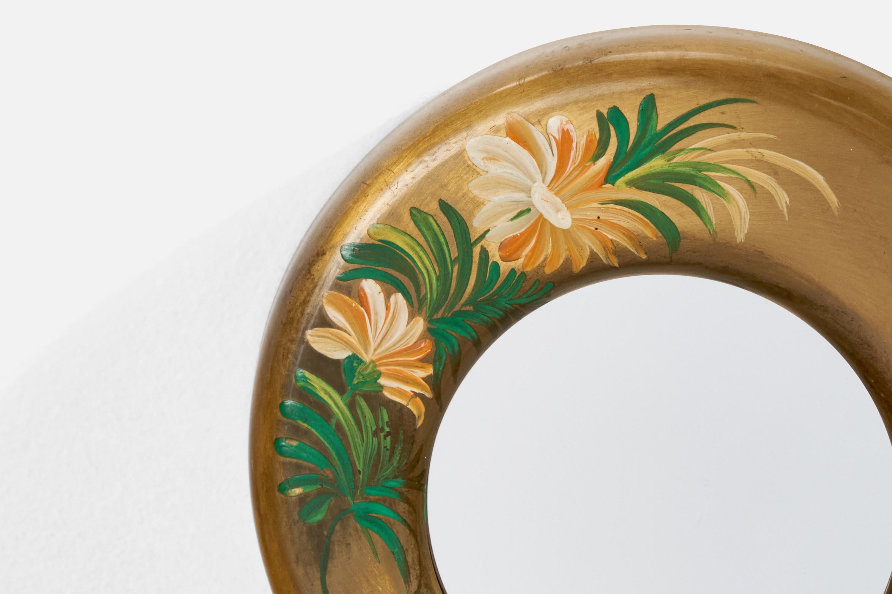 Italian Designer Small Wall Mirror, Hand-Painted Brass, Italy 1940s For Sale 1