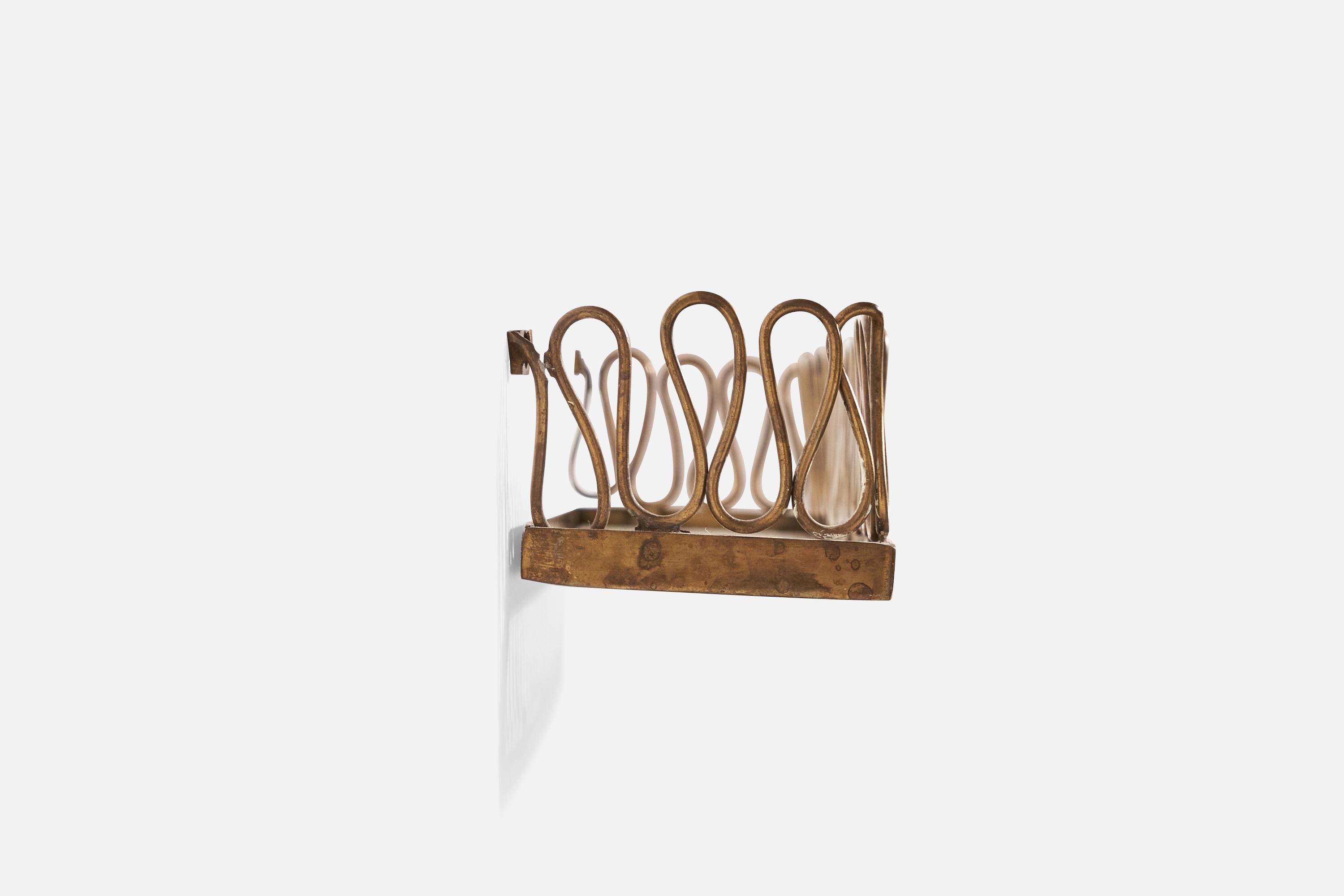 Mid-20th Century Italian Designer, Small Wall Shelf, Brass, Glass, Italy, 1930s For Sale