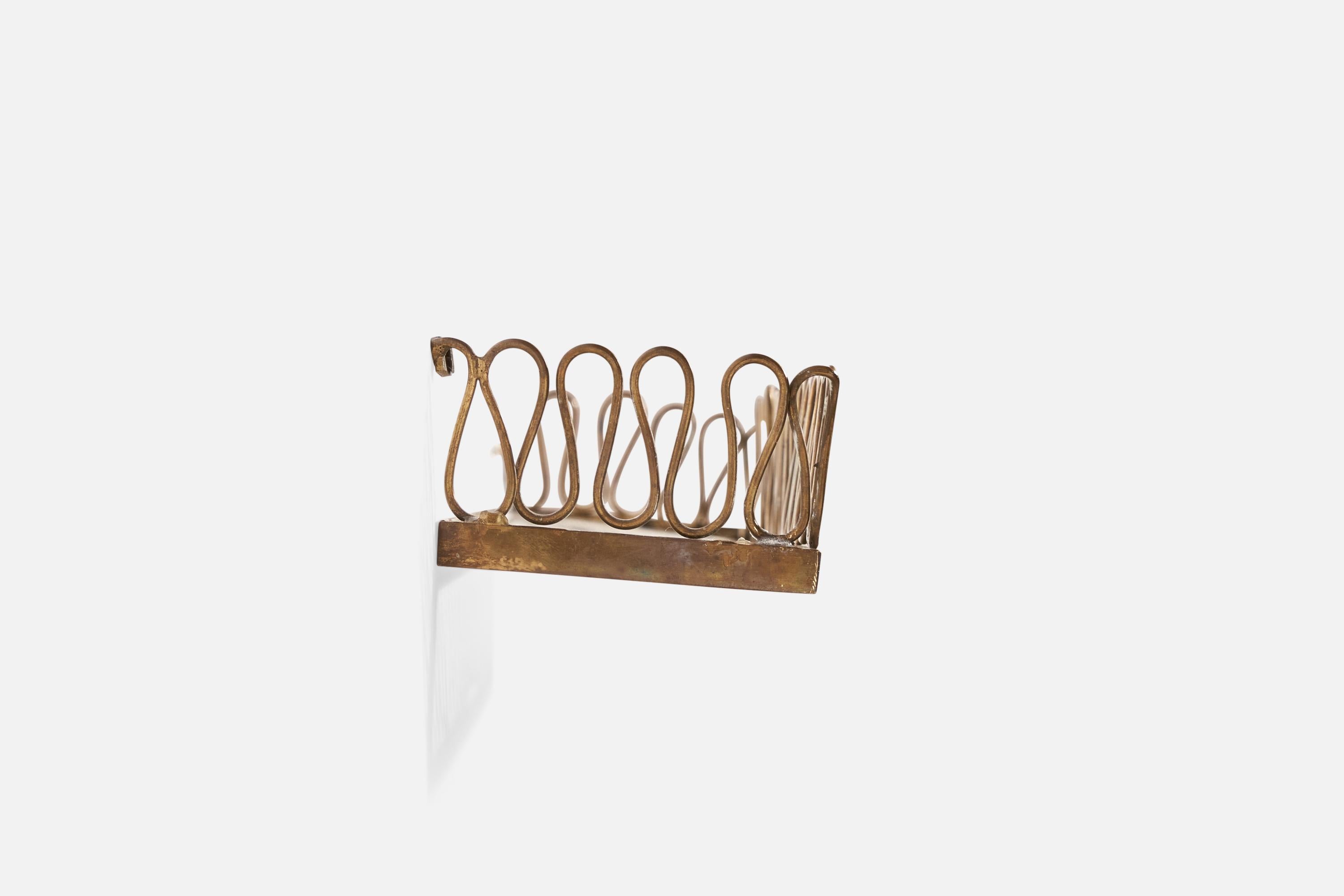 Mid-20th Century Italian Designer, Small Wall Shelf, Brass, Glass, Italy, 1930s For Sale