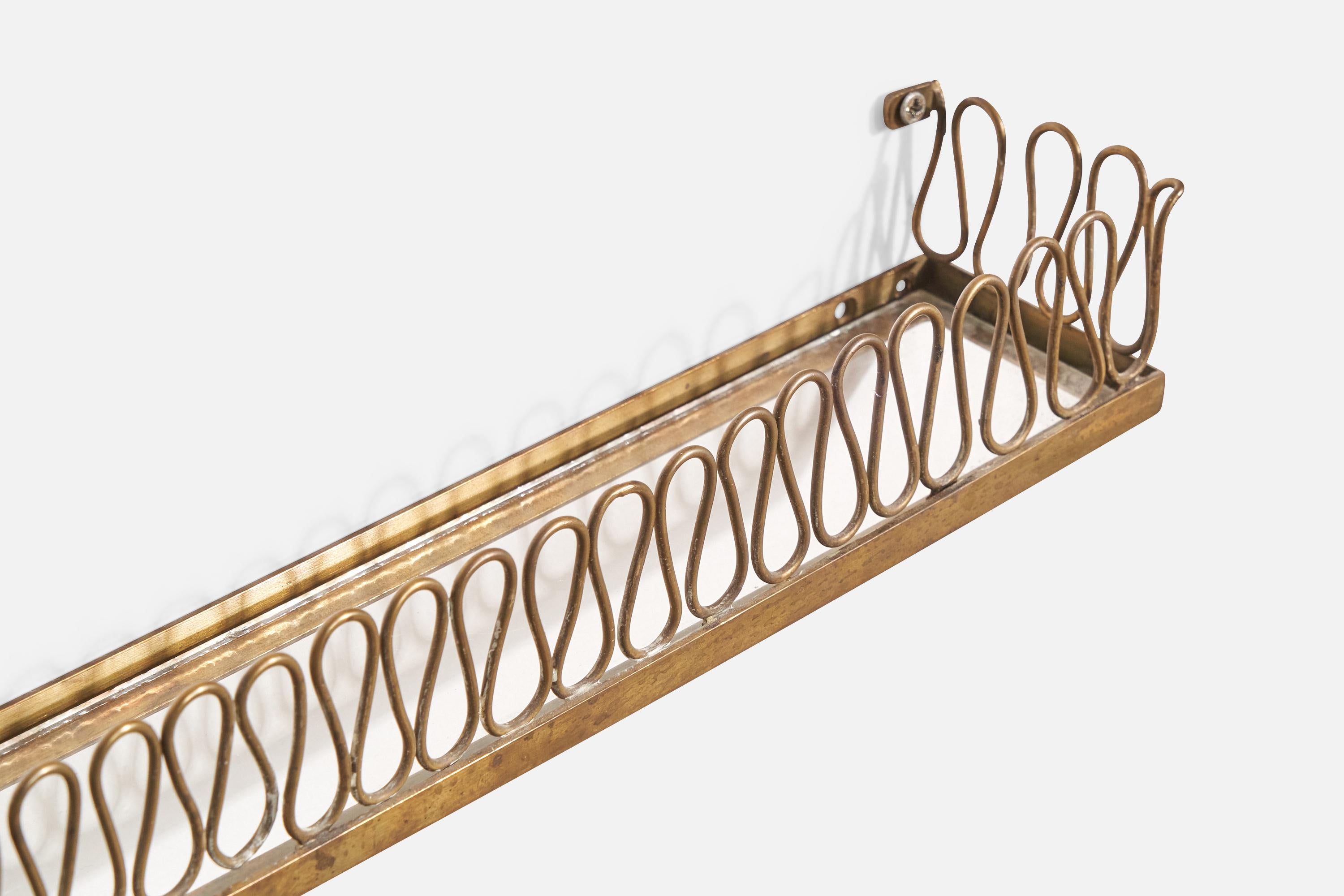Italian Designer, Small Wall Shelf, Brass, Glass, Italy, 1930s For Sale 1
