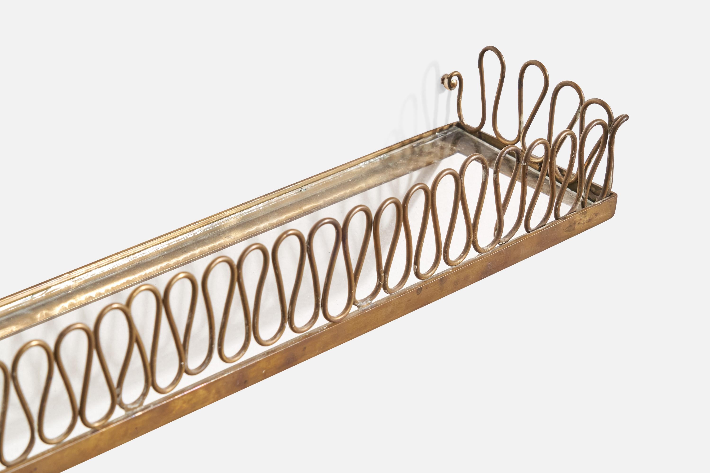 Italian Designer, Small Wall Shelf, Brass, Glass, Italy, 1930s For Sale 1