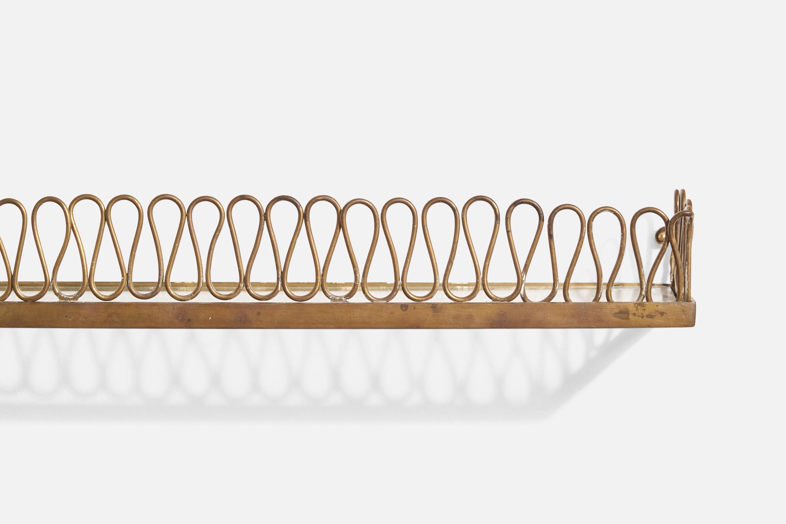 Italian Designer, Small Wall Shelf, Brass, Glass, Italy, 1930s For Sale 2