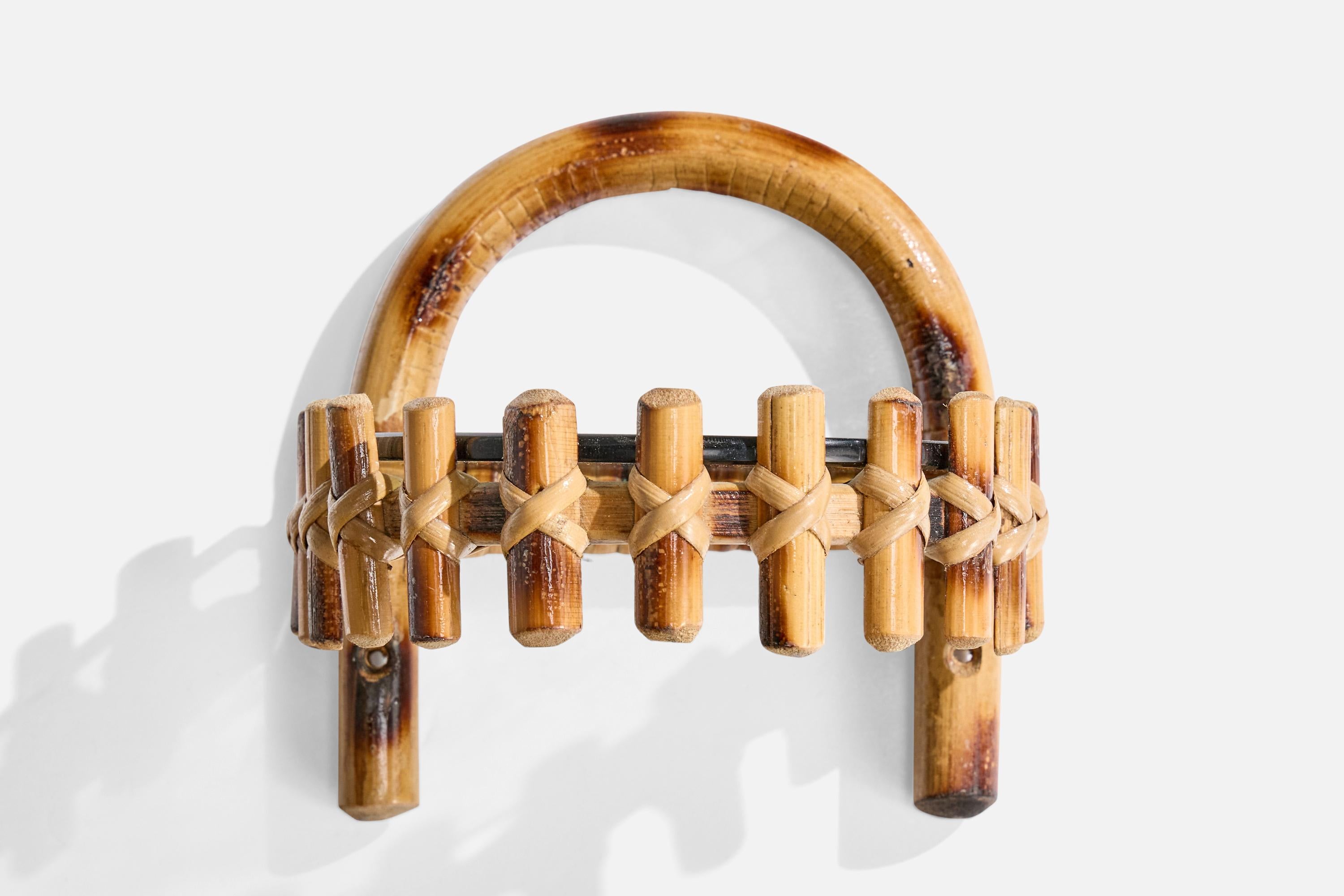 Mid-20th Century Italian Designer, Small Wall Shelves, Bamboo, Rattan, Glass, Italy, 1960s For Sale