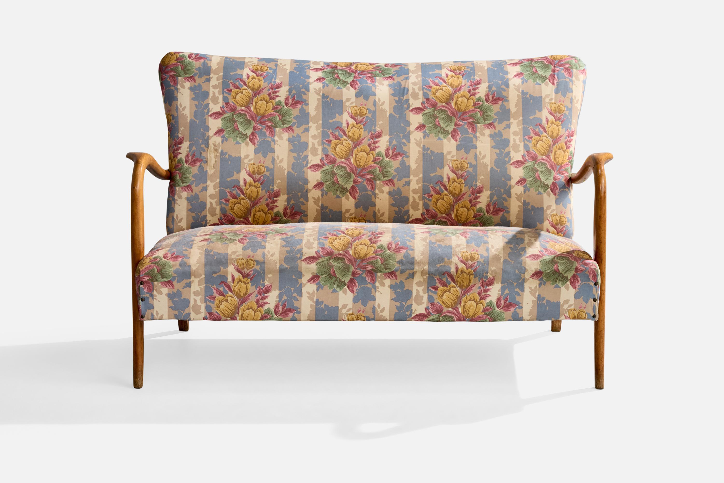 Mid-20th Century Italian Designer, Sofa, Wood, Fabric, Italy, 1950s For Sale