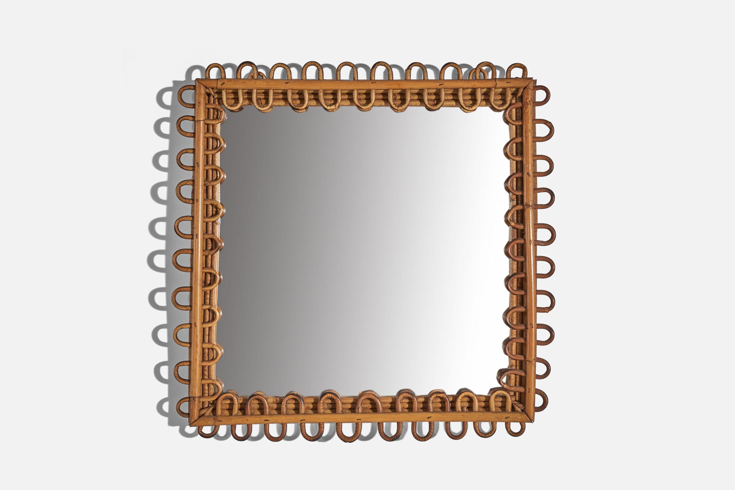 A square, rattan wall mirror designed and produced by an Italian designer, Italy, 1950s-1960s.
 