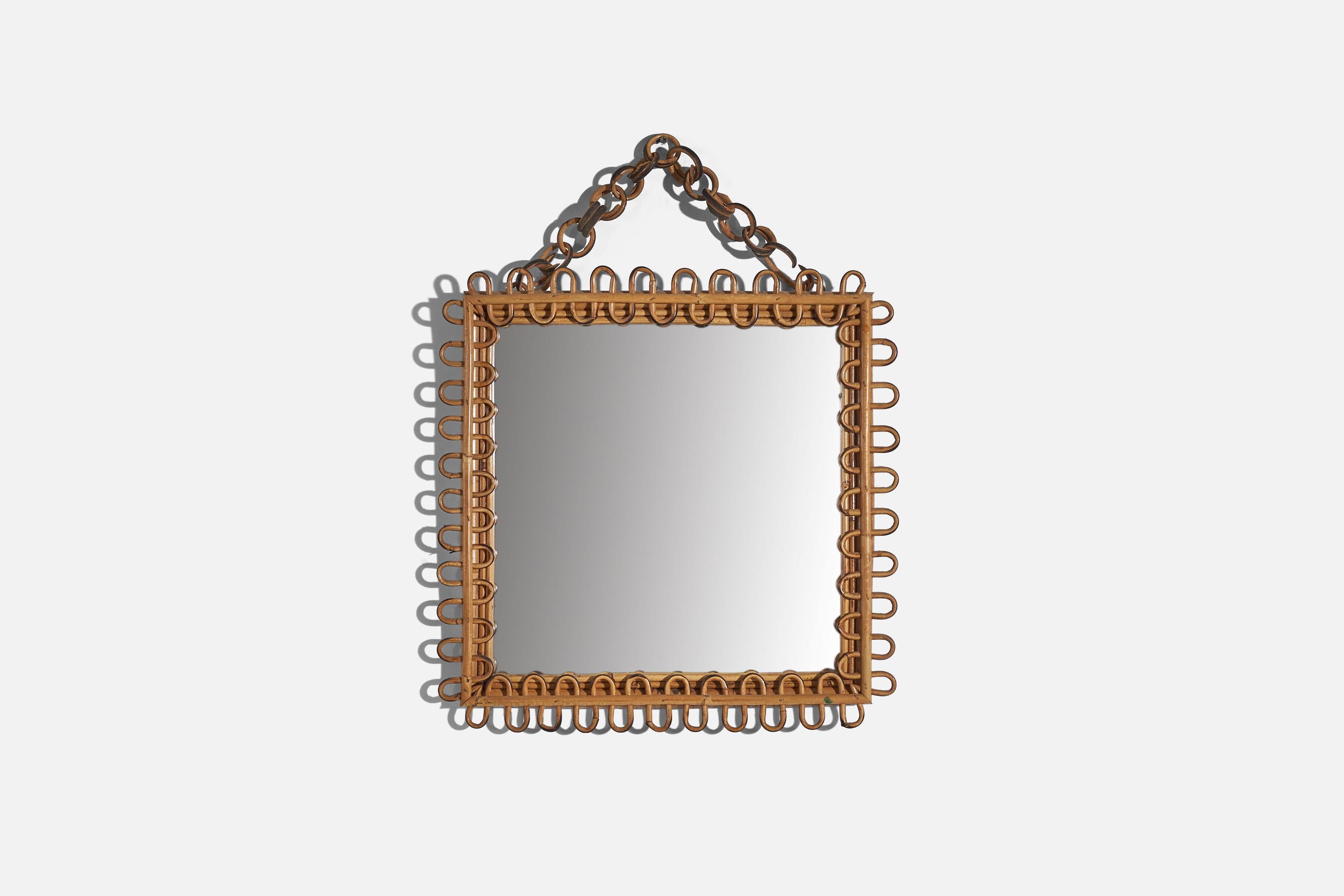 A square, rattan wall mirror designed and produced by an Italian designer, Italy, 1950s-1960s.
   