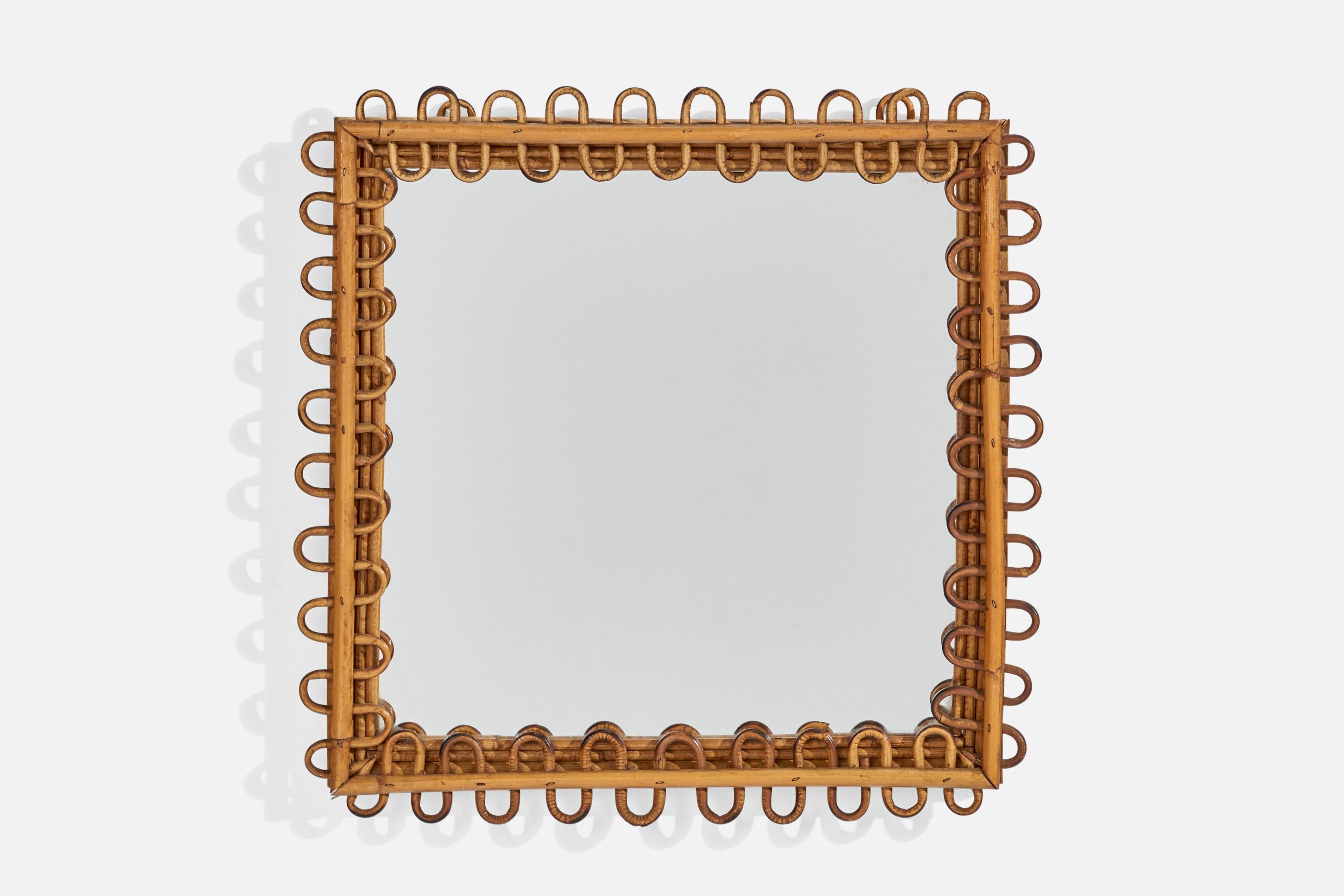 Mid-Century Modern Italian Designer, Square Wall Mirror, Rattan, Mirror Glass, Italy, C. 1950s For Sale