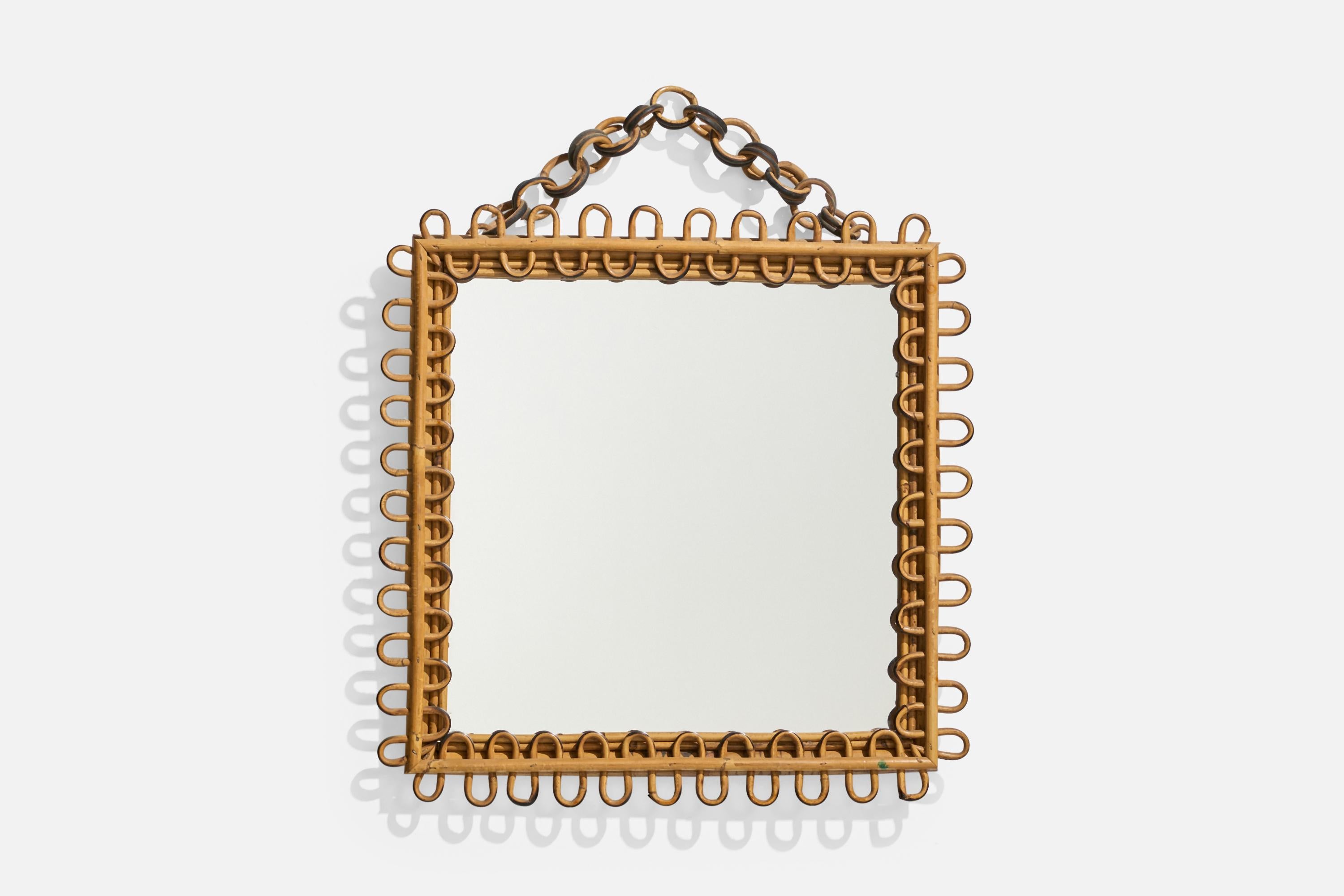 Quadratischer italienischer Designer, Wandspiegel, Rattan, Spiegelglas, Italien, ca. 1950er Jahre (Moderne der Mitte des Jahrhunderts) im Angebot