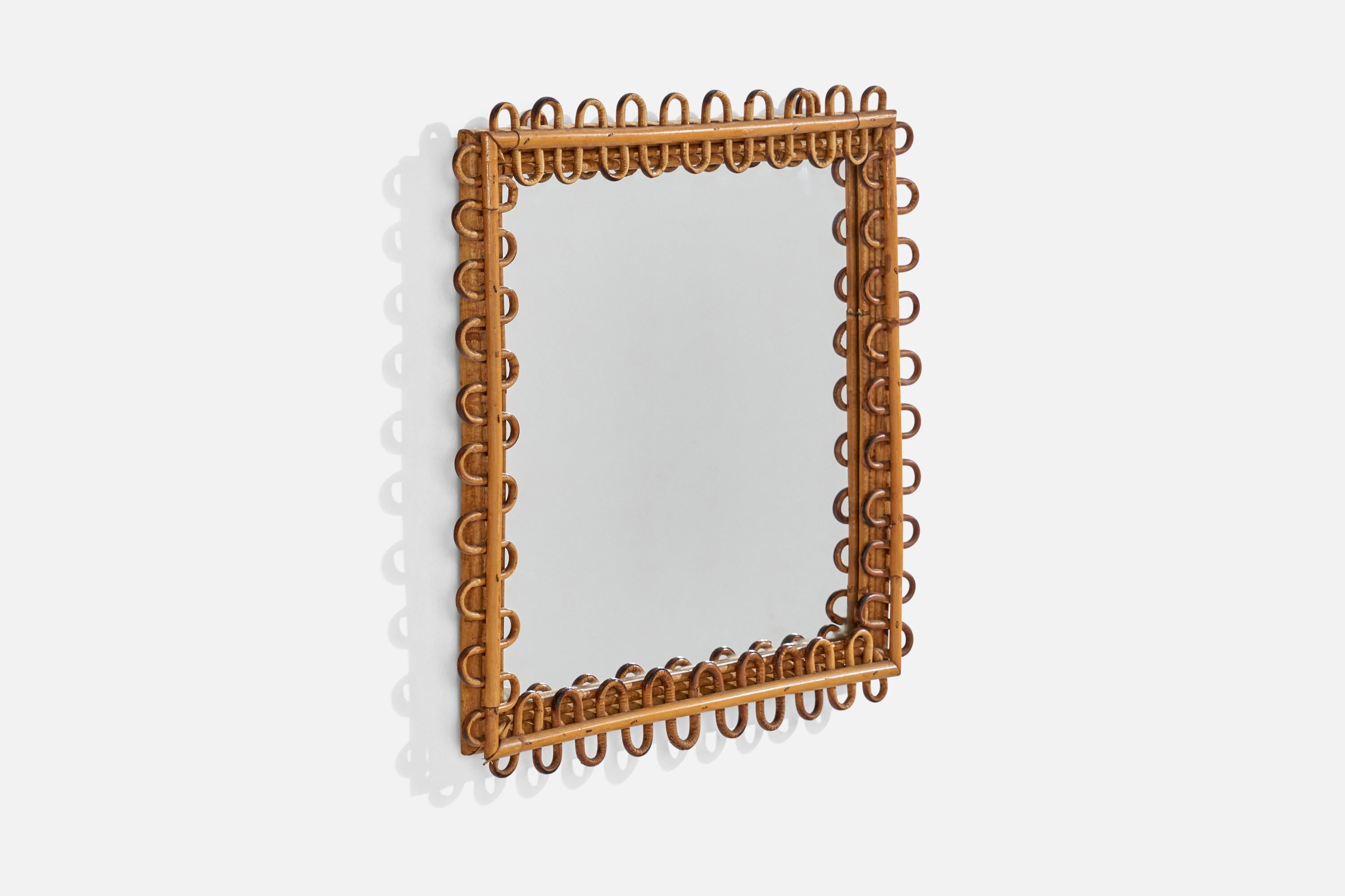 Italian Designer, Square Wall Mirror, Rattan, Mirror Glass, Italy, C. 1950s In Good Condition For Sale In High Point, NC