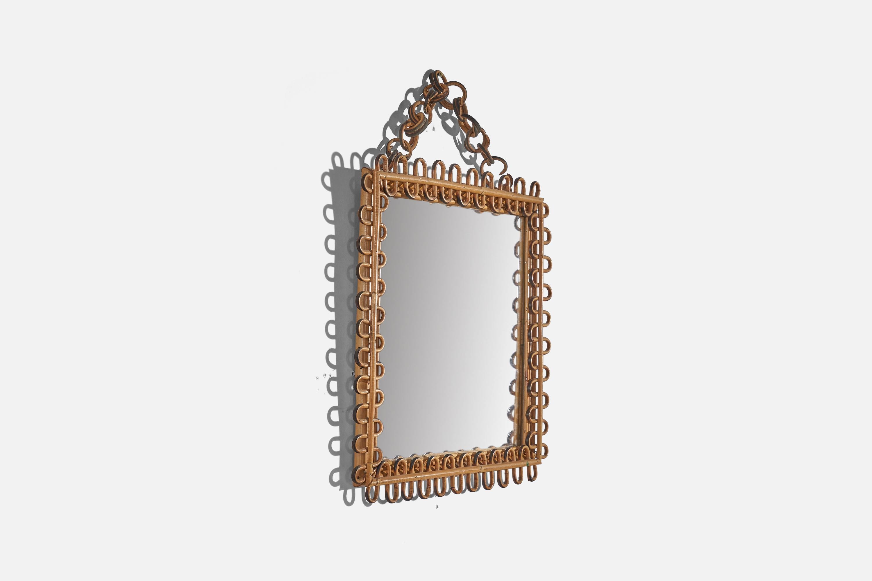 Mid-20th Century Italian Designer, Square Wall Mirror, Rattan, Mirror Glass, Italy, c. 1950s For Sale