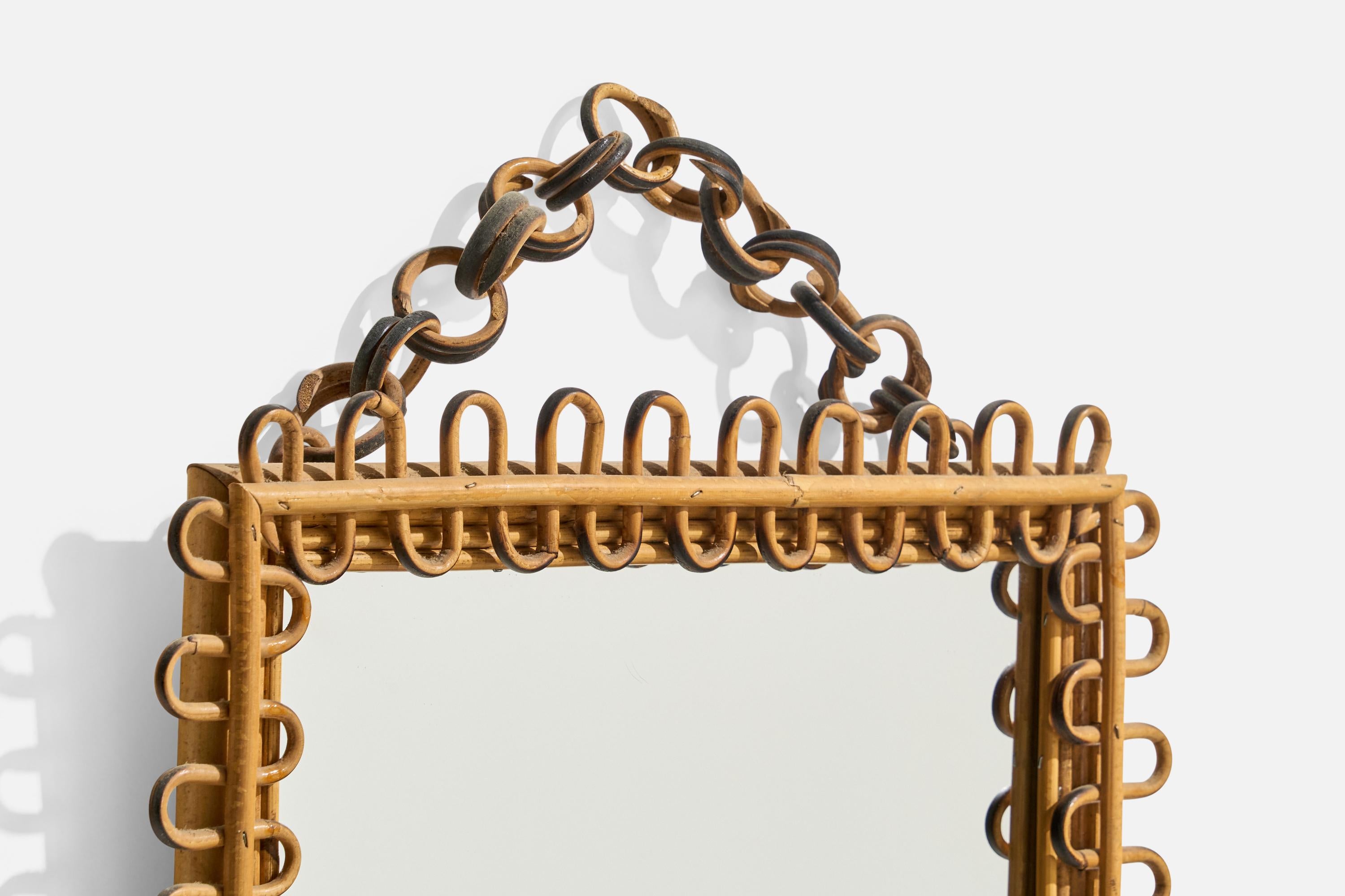 Quadratischer italienischer Designer, Wandspiegel, Rattan, Spiegelglas, Italien, ca. 1950er Jahre im Zustand „Gut“ im Angebot in High Point, NC