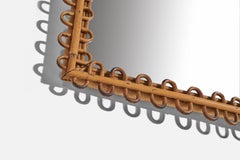 Italian Designer, Square Wall Mirror, Rattan, Mirror Glass, Italy, C. 1950s