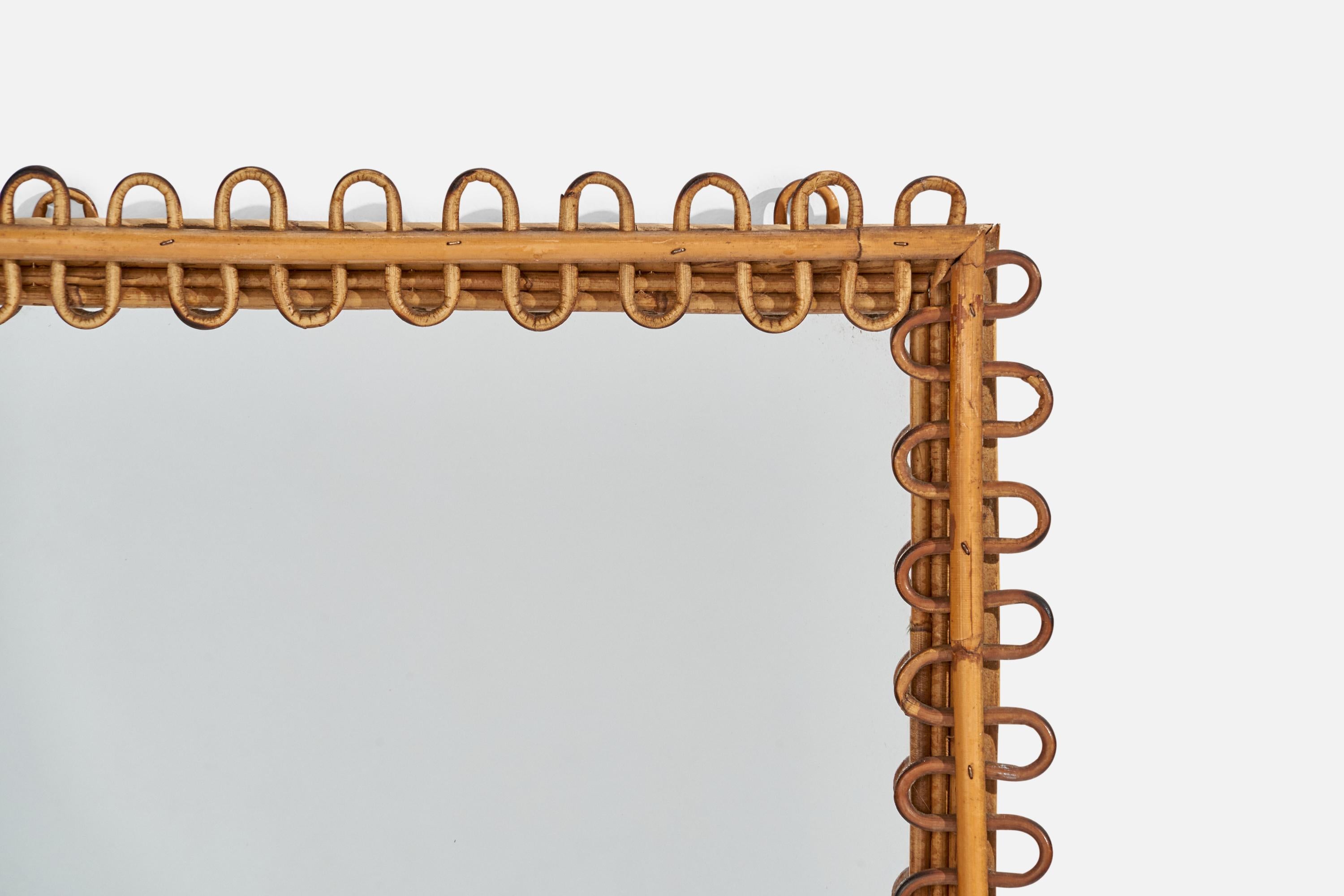 Italian Designer, Square Wall Mirror, Rattan, Mirror Glass, Italy, C. 1950s For Sale 1