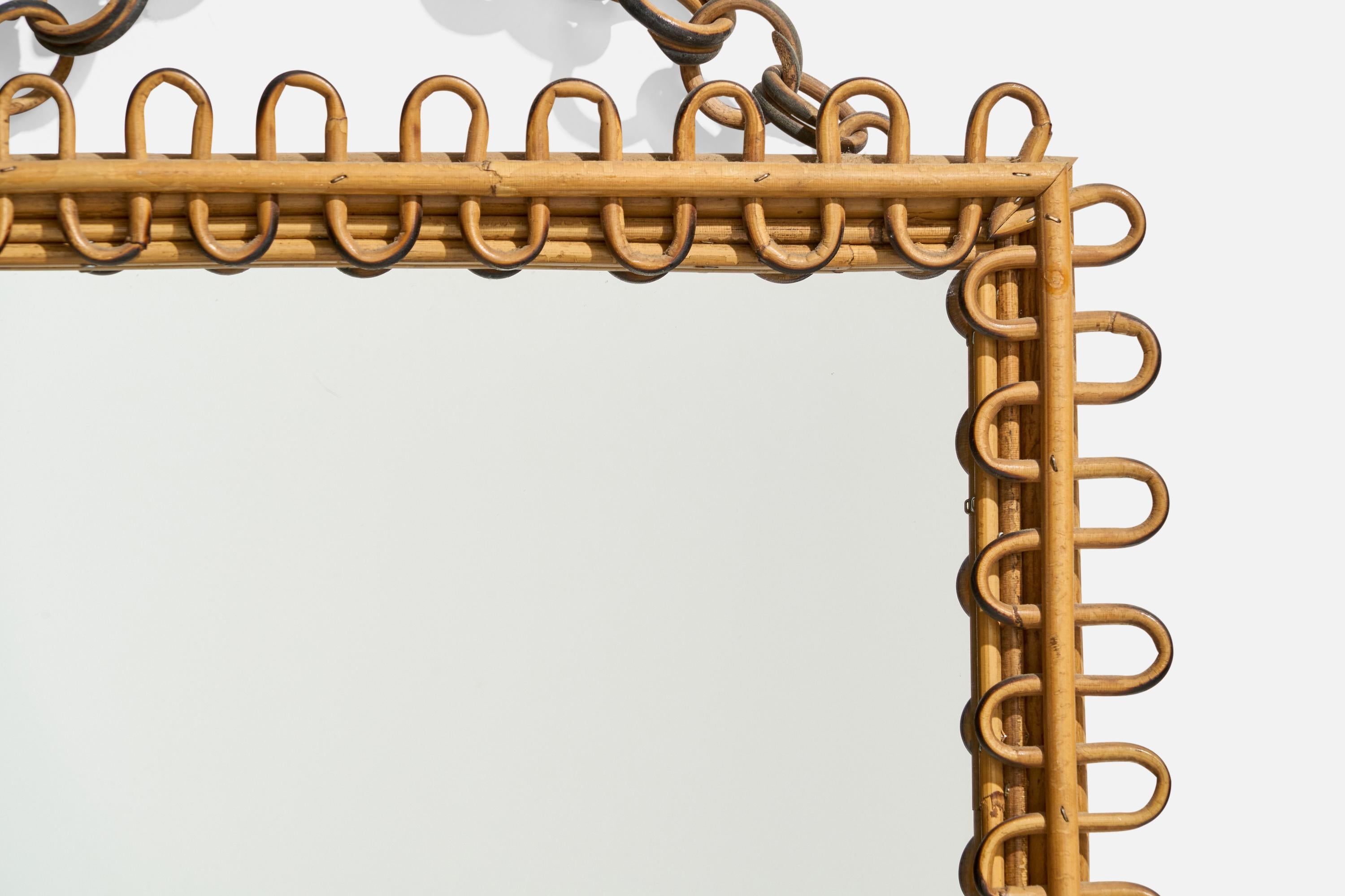 Quadratischer italienischer Designer, Wandspiegel, Rattan, Spiegelglas, Italien, ca. 1950er Jahre (Mitte des 20. Jahrhunderts) im Angebot