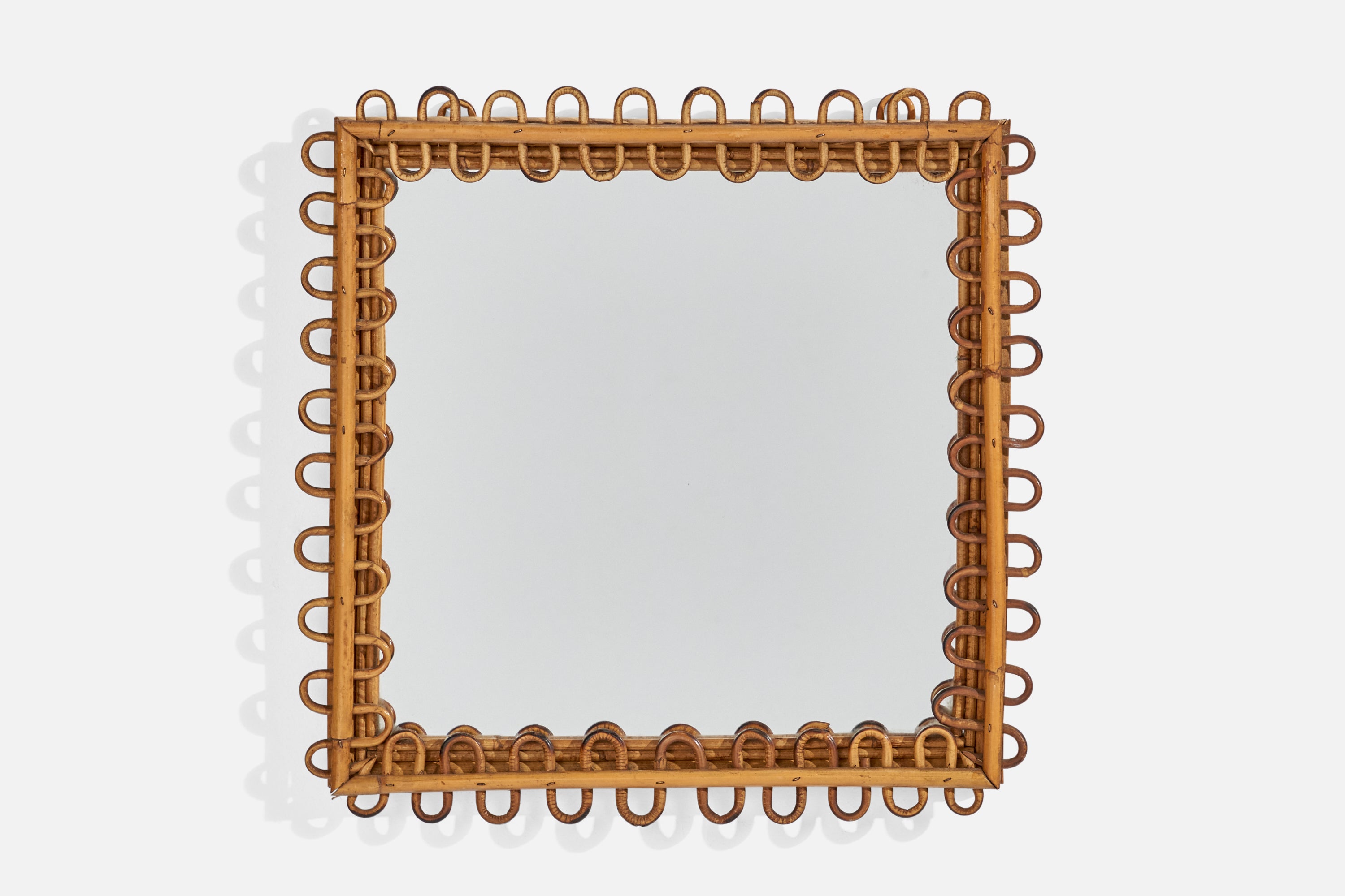 Italian Designer, Square Wall Mirror, Rattan, Mirror Glass, Italy, C. 1950s For Sale