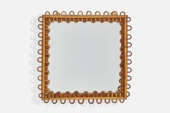 Italienischer Designer, quadratischer Wandspiegel, Rattan, Spiegelglas, Italien, ca. 1950er Jahre