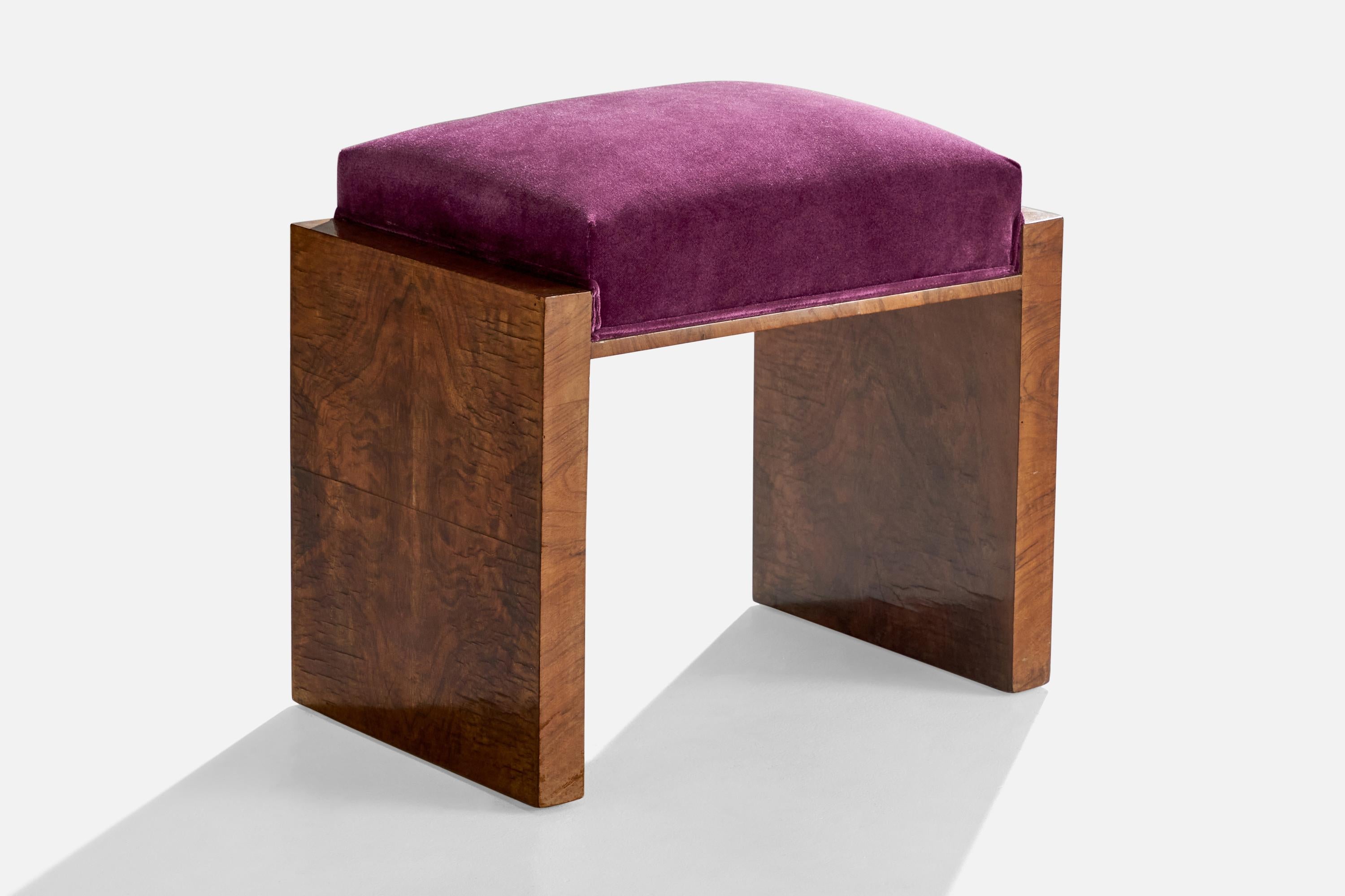 A burl wood and purple velvet stool designed and produced in Italy, c. 1930s.


