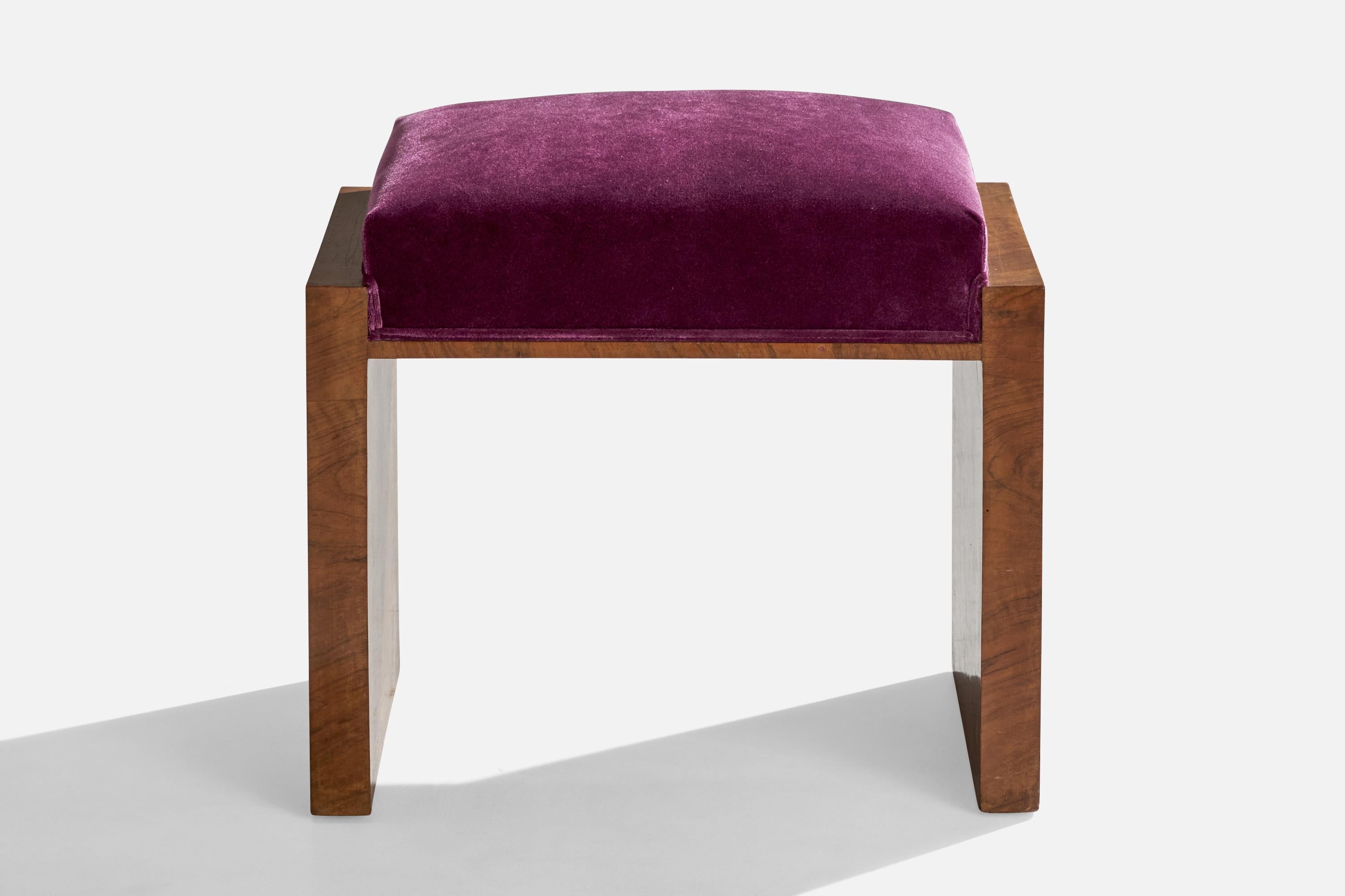 Art Deco Italian Designer, Stool, Burl Wood, Velvet, Italy, 1930s For Sale