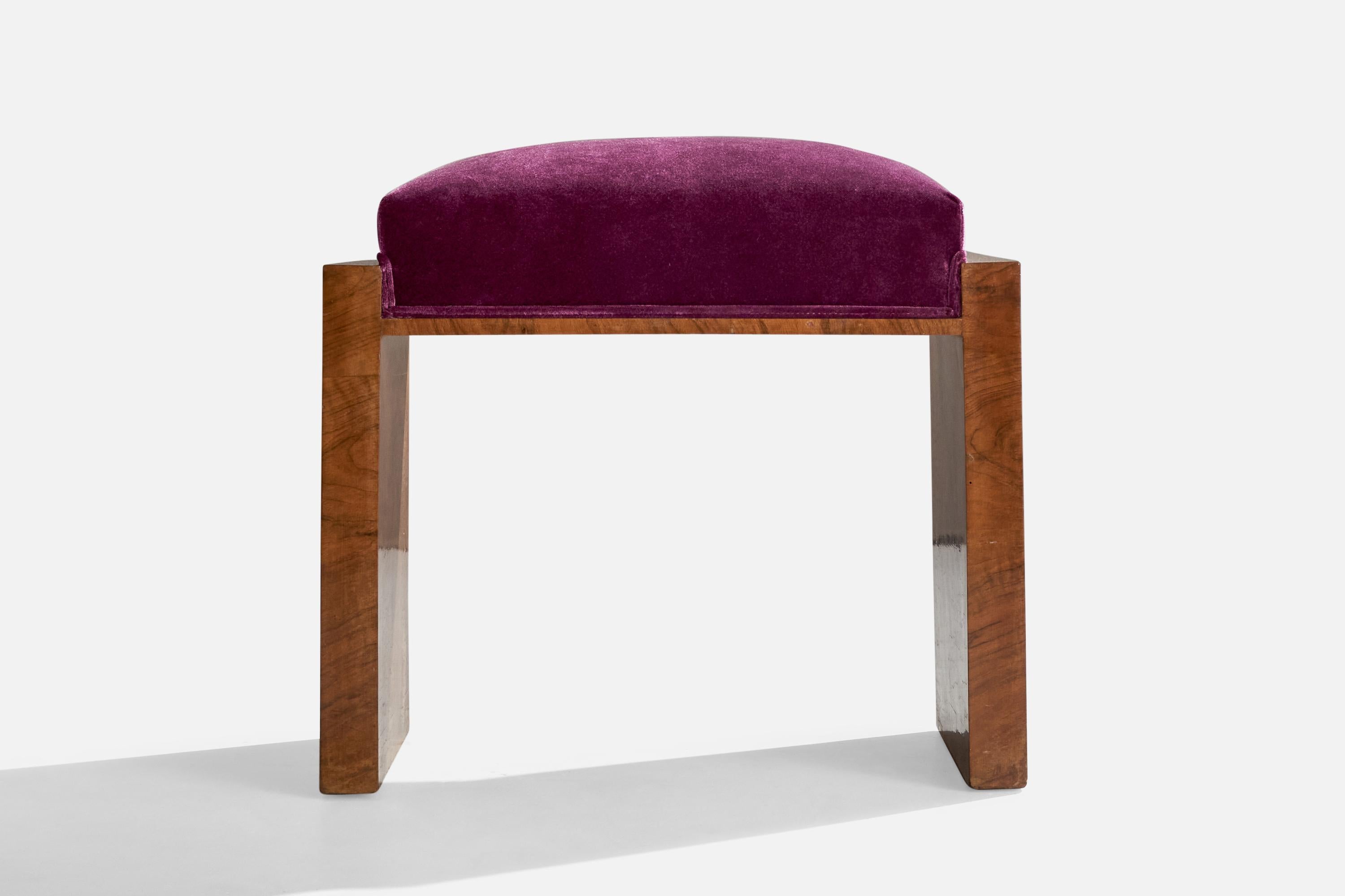 Italian Designer, Stool, Burl Wood, Velvet, Italy, 1930s In Good Condition For Sale In High Point, NC