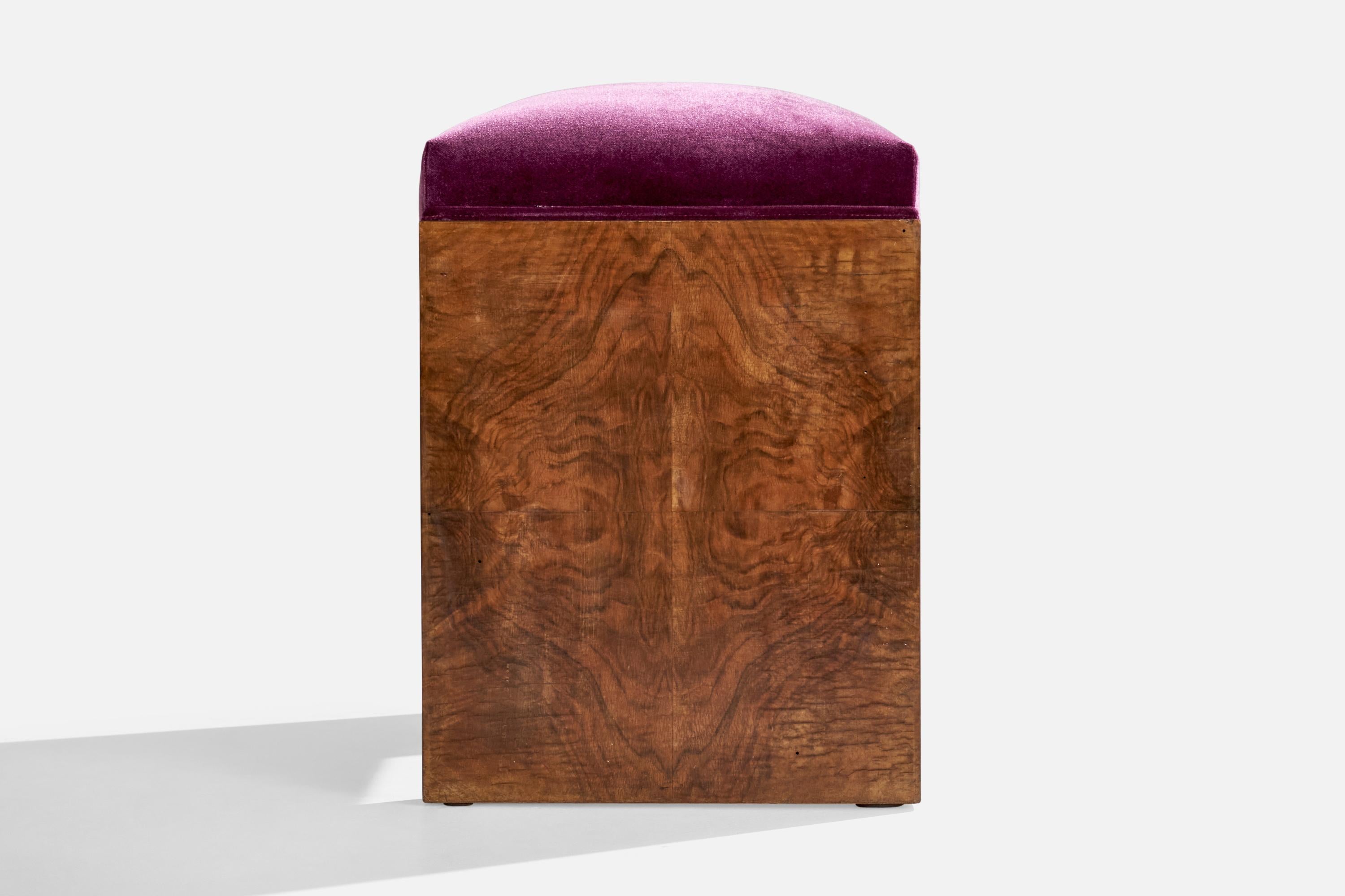 Mid-20th Century Italian Designer, Stool, Burl Wood, Velvet, Italy, 1930s For Sale