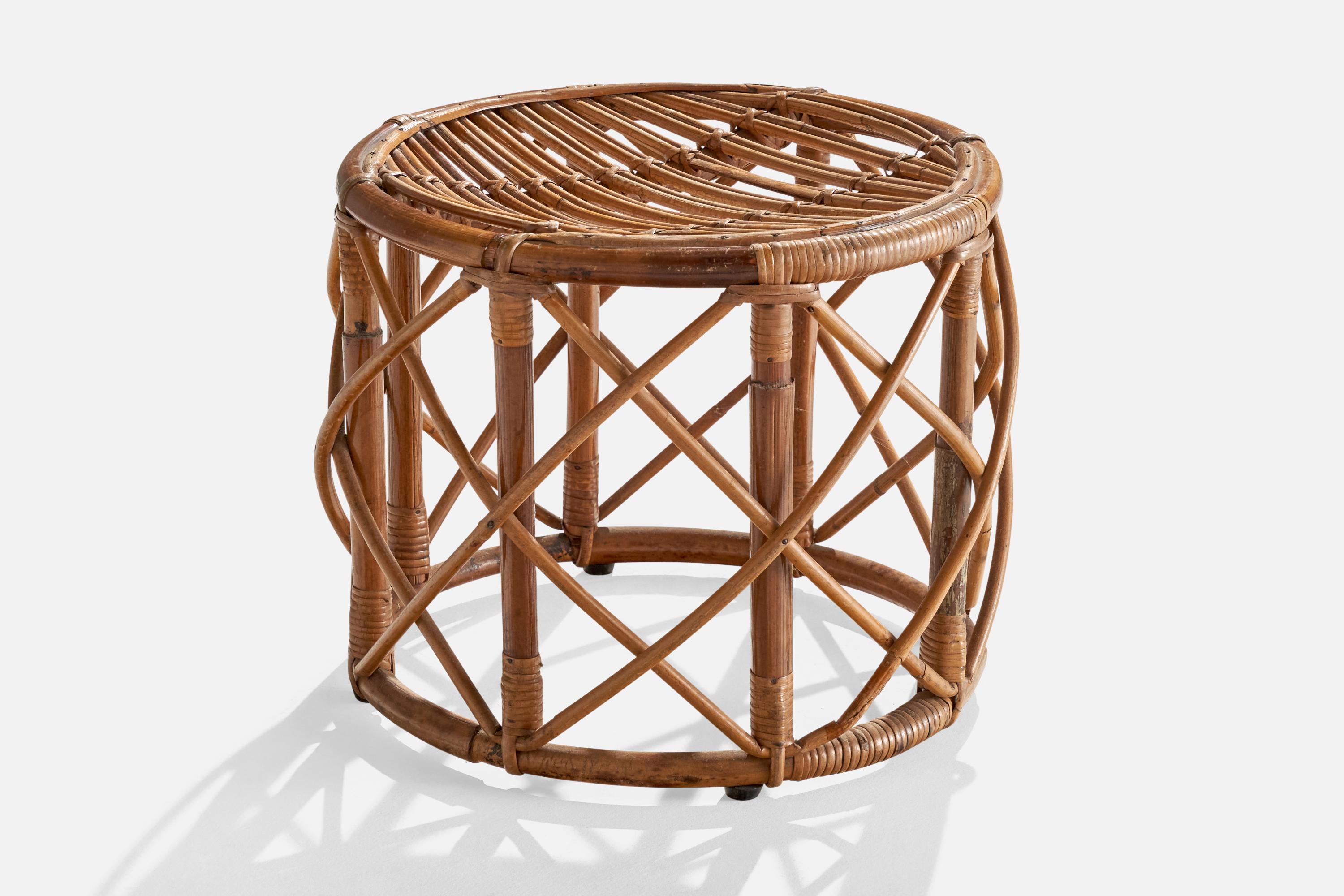 A rattan and bamboo stool designed and produced in Italy, c. 1960s.

Seat Height (inches): 12.13