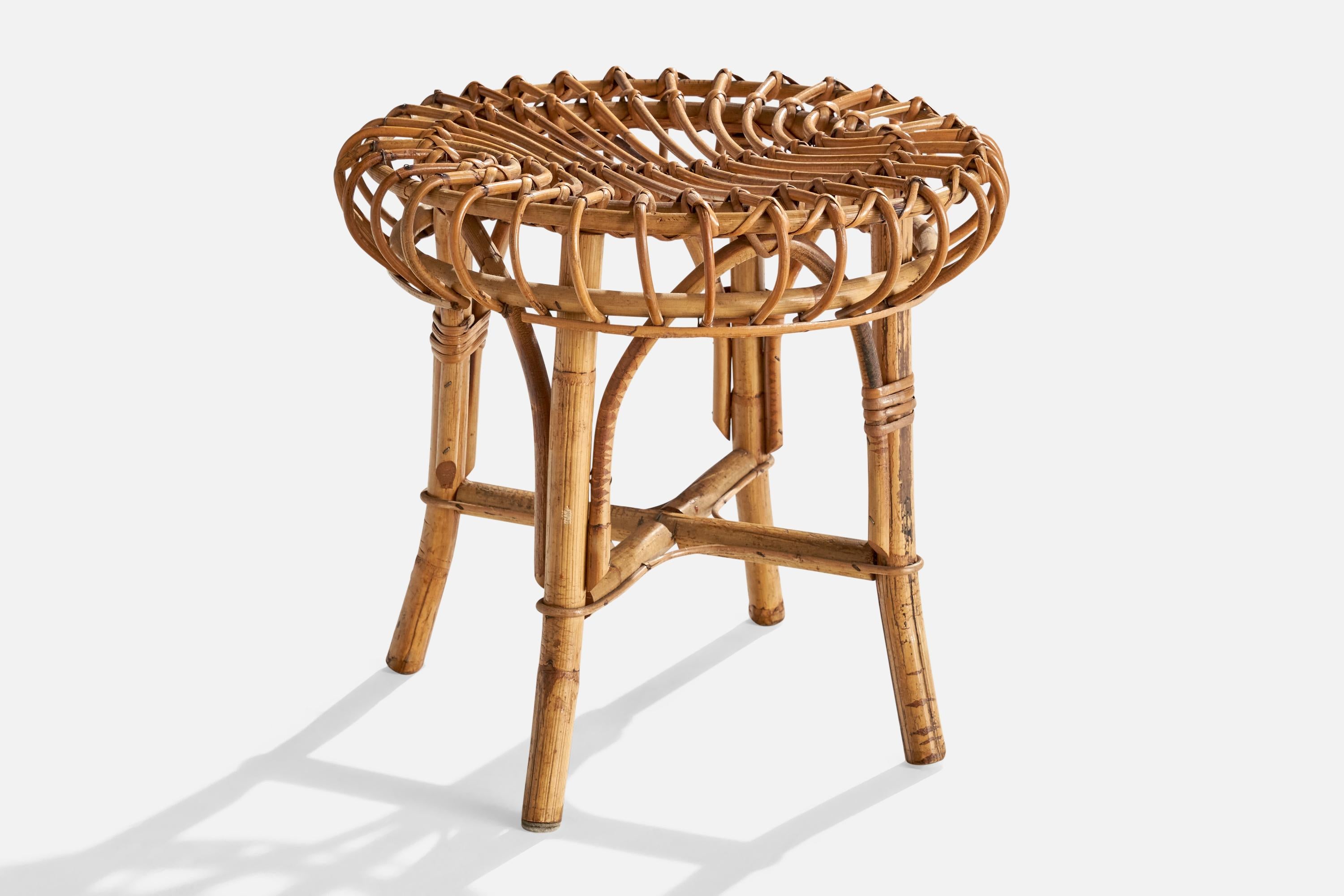 A rattan and bamboo stool designed and produced in Italy, c. 1960s.
