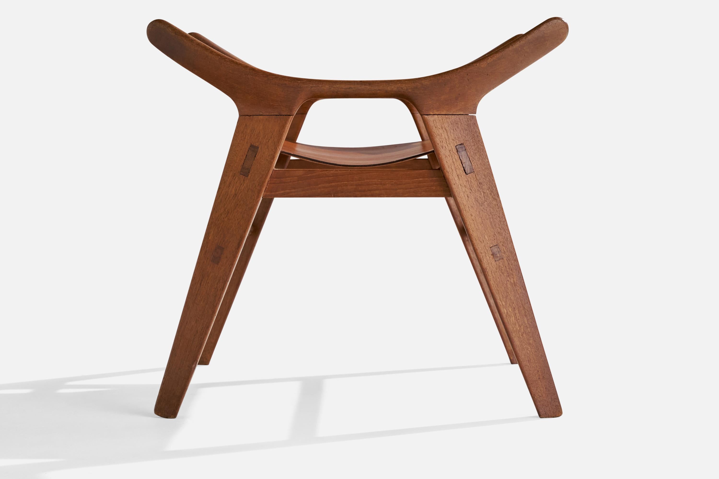 Mid-20th Century Italian Designer, Stool, Teak, Leather, Italy, 1950s For Sale