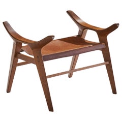 Designer italien, tabouret, teck, cuir, Italie, années 1950