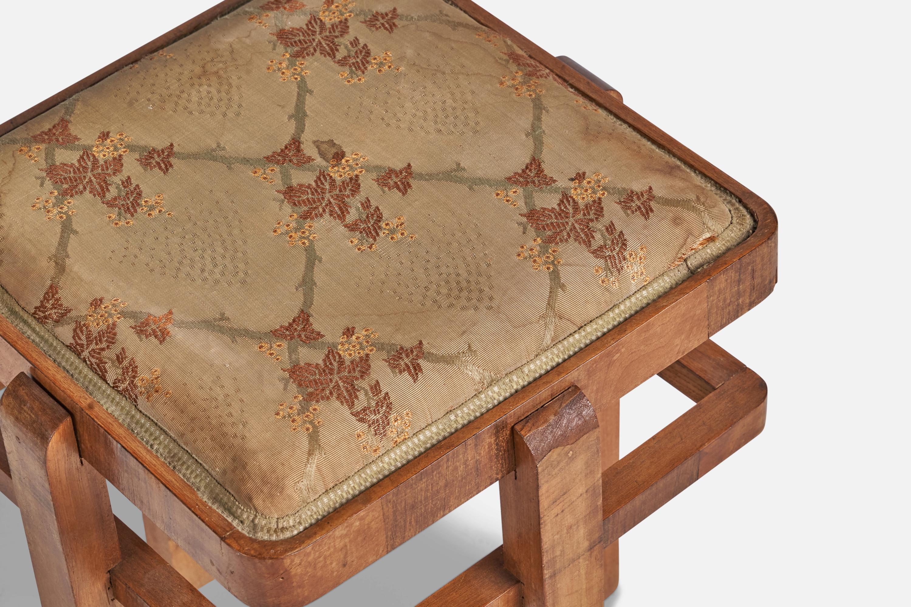 A walnut and beige fabric stool designed and produced in Italy, c. 1930s.