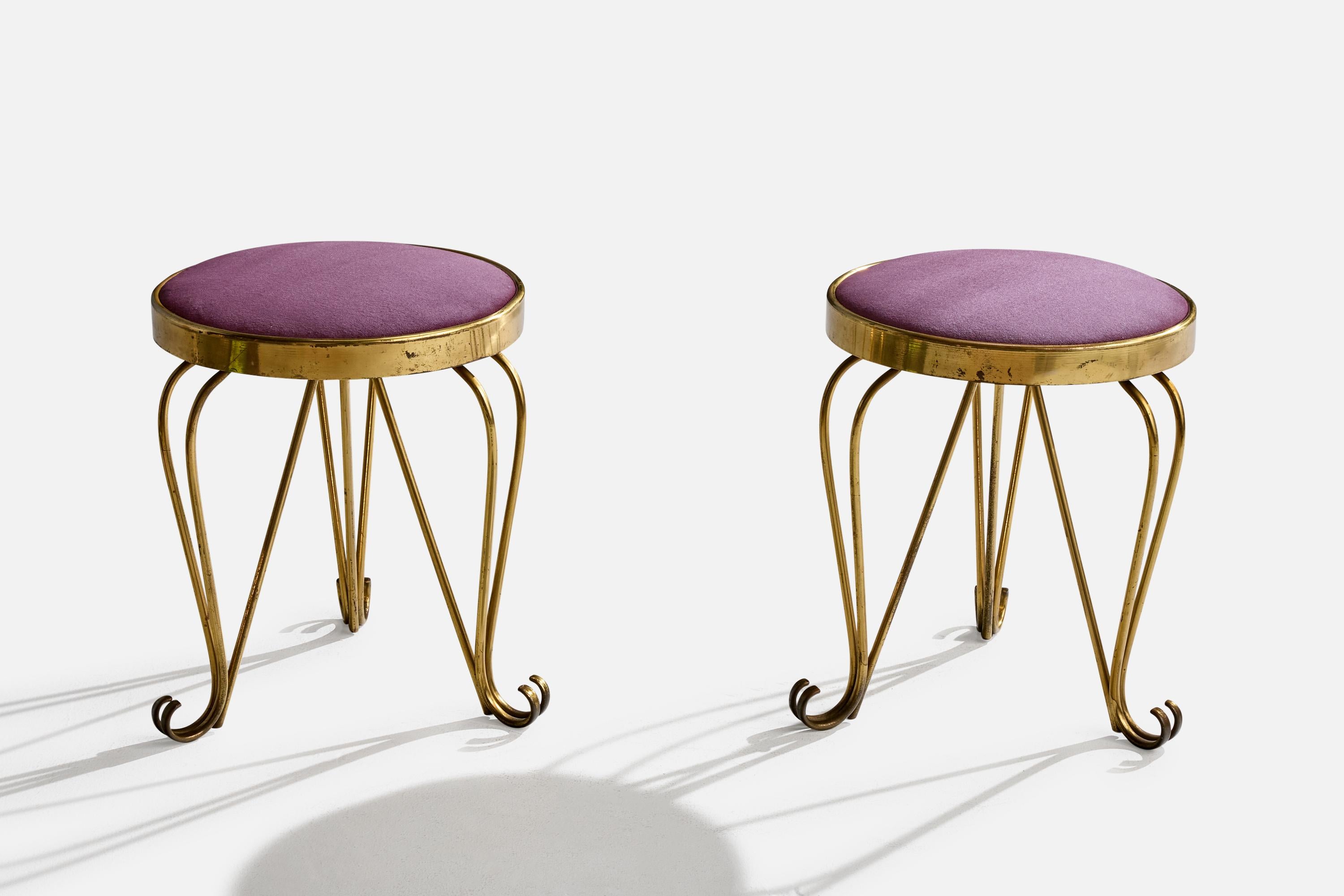 A pair of brass and purple fabric stools designed and produced in Italy, c. 1940s.

Overall Dimensions (inches): 17.0