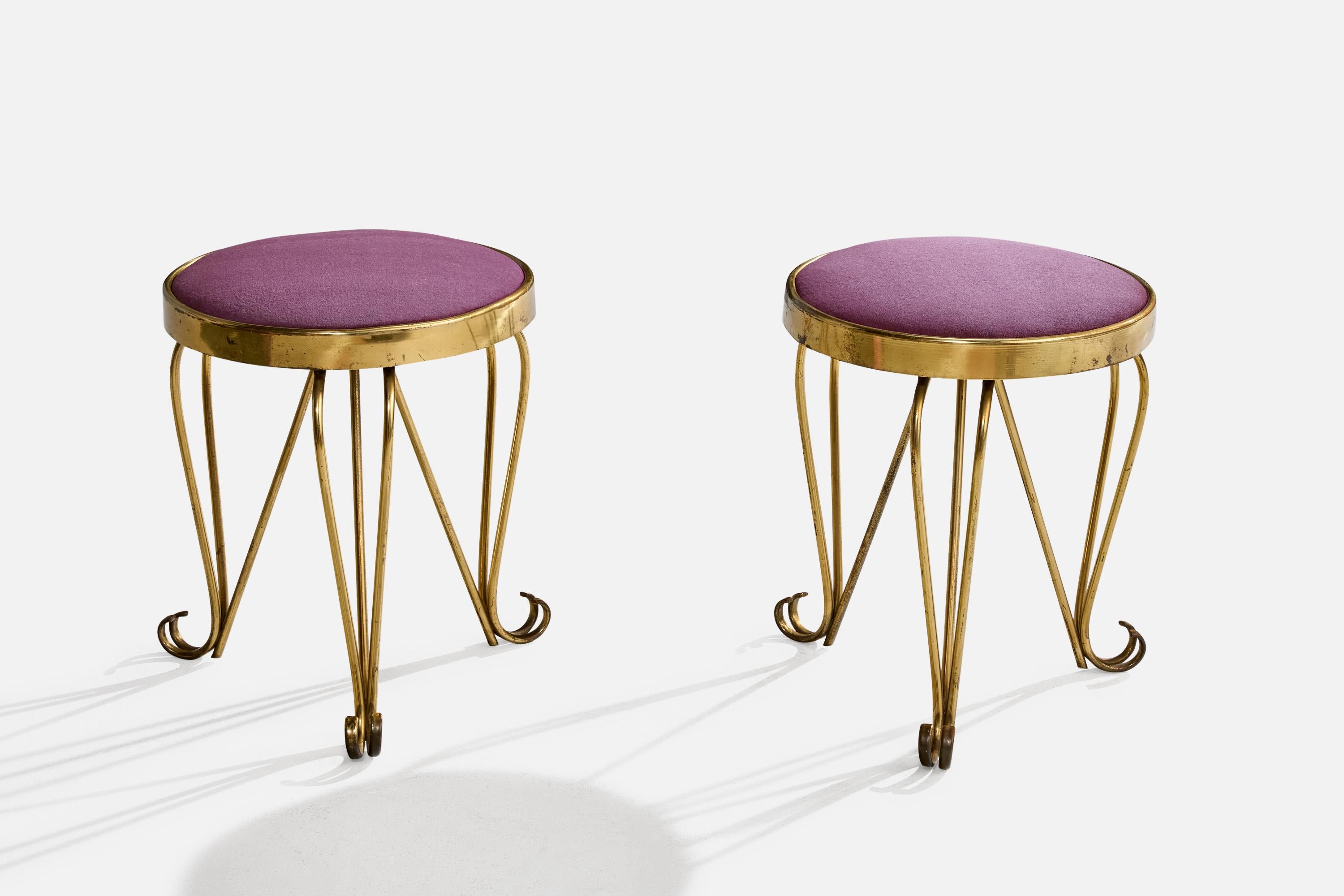 Italian Designer, Stools, Brass, Fabric, Italy, 1940s In Good Condition For Sale In High Point, NC