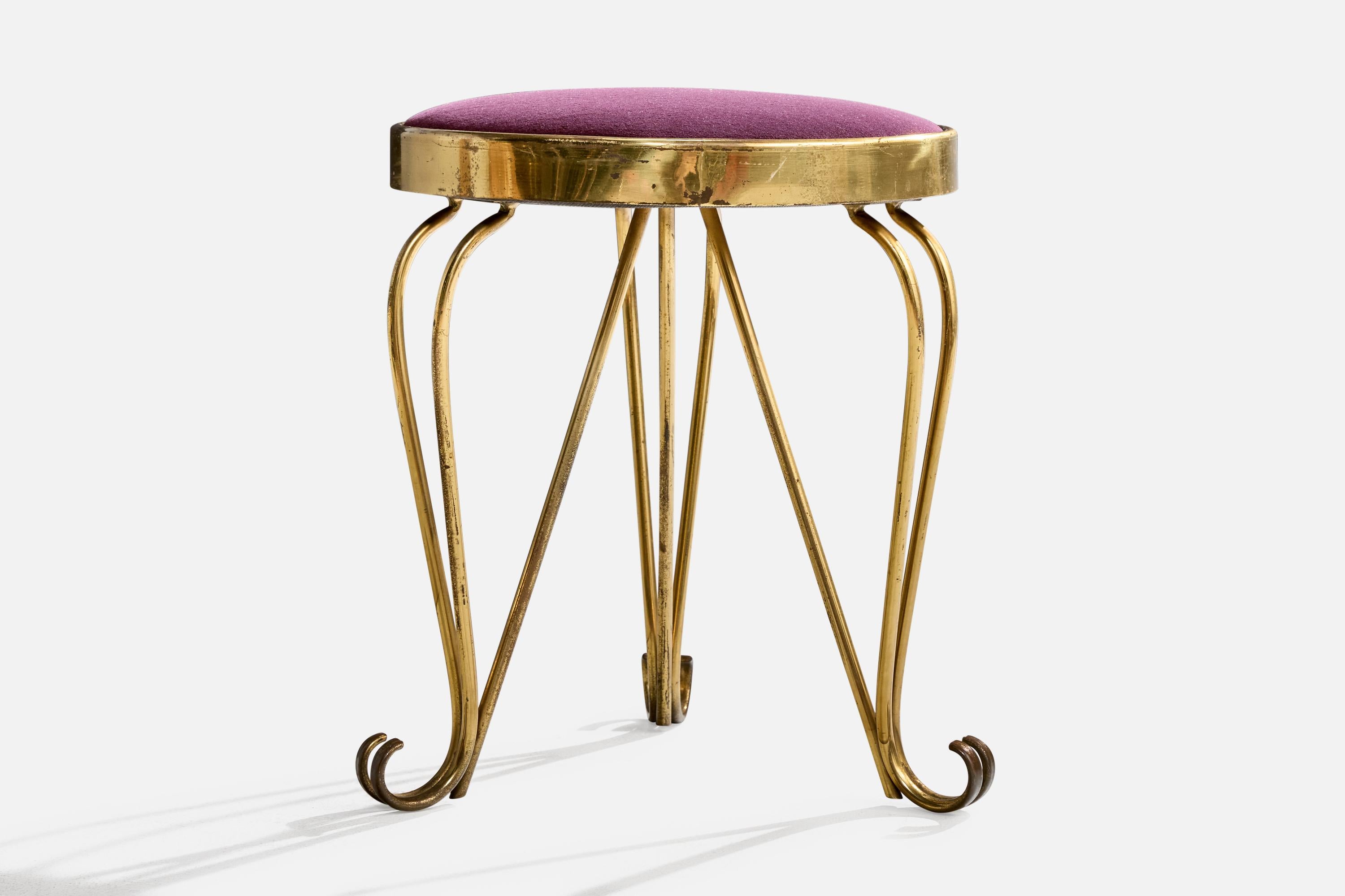 Italian Designer, Stools, Brass, Fabric, Italy, 1940s For Sale 1