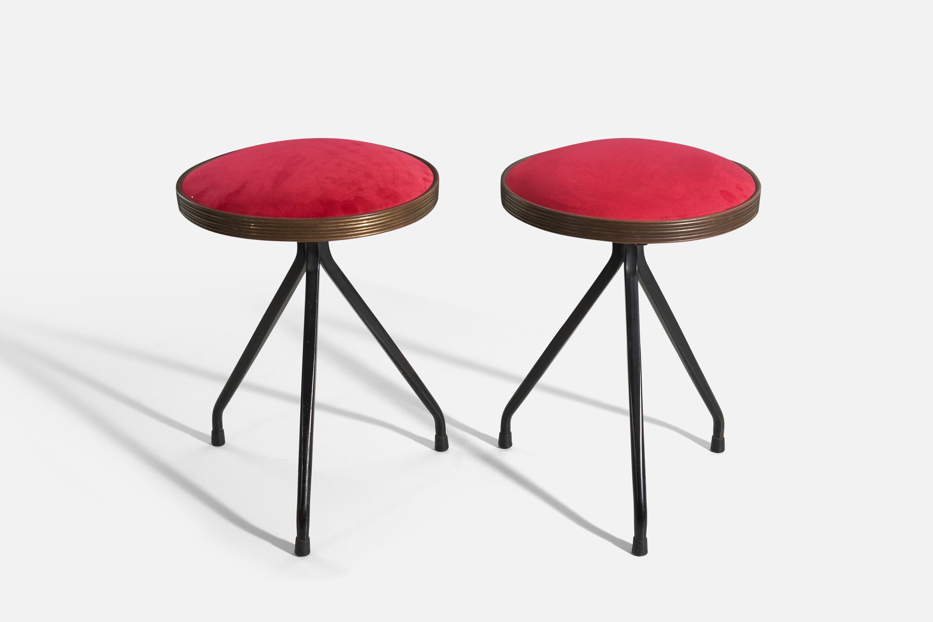 Mid-Century Modern Italian Designer, Stools, Brass, Metal, Velvet, Italy, 1950s For Sale